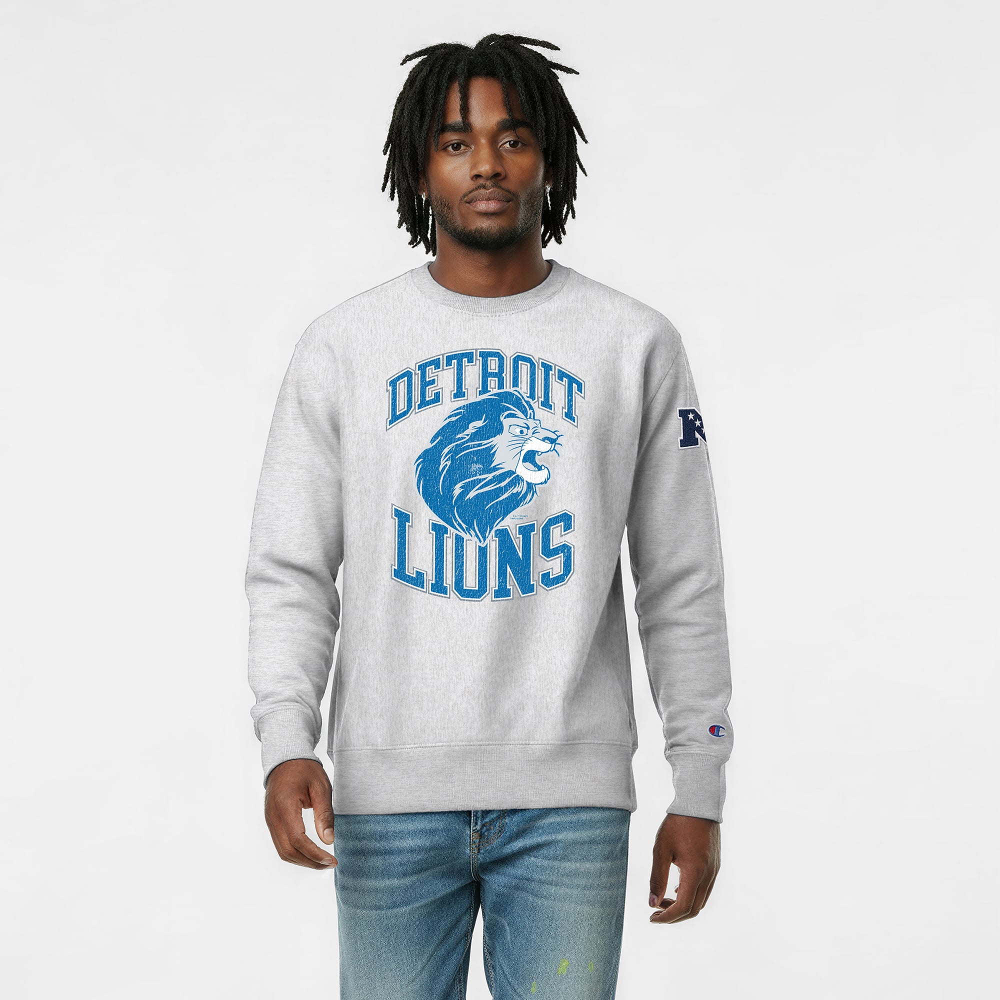 Sweat-shirt homme Disney x Champion gris chiné Detroit Lions Simba Reverse Weave