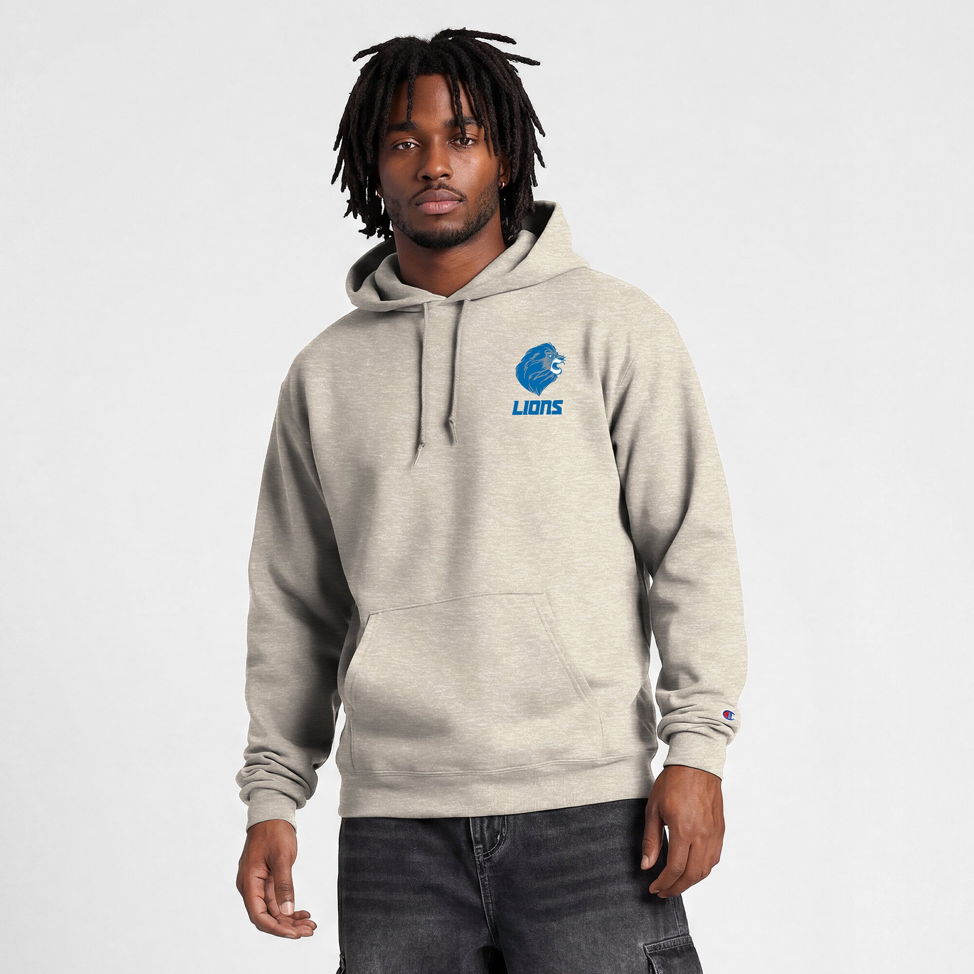 Sweat à capuche Disney x Champion Oatmeal Detroit Lions Powerblend Fullback pour homme