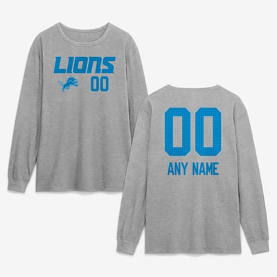 Detroit Lions  Touchdown Wordmark Personalized Name & Number Long Sleeve T-Shirt - Gray