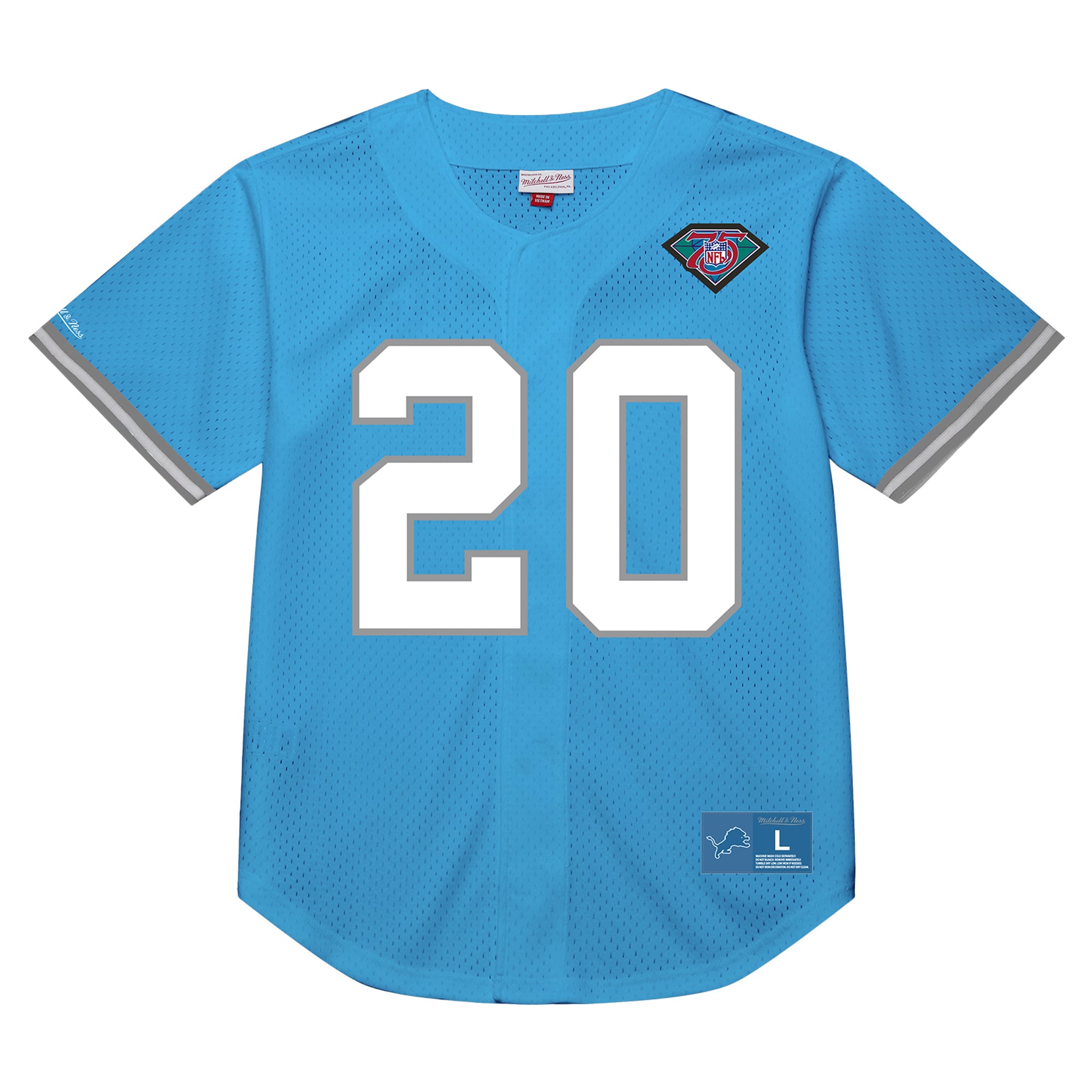 T-shirt en maille Mitchell & Ness pour homme, bleu, à l'effigie de Barry Sanders, joueur retraité des Detroit Lions.
