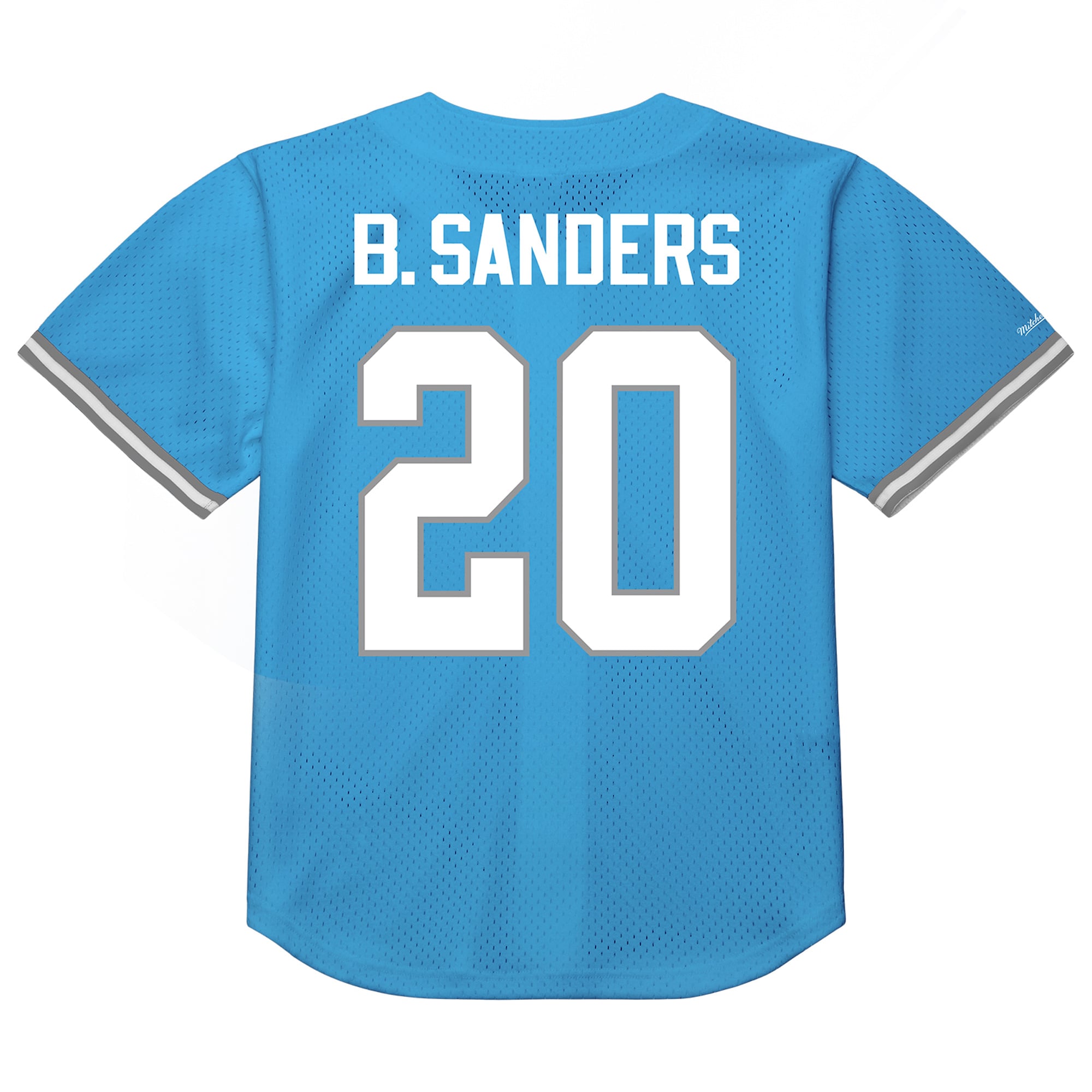 T-shirt en maille Mitchell & Ness pour homme, bleu, à l'effigie de Barry Sanders, joueur retraité des Detroit Lions.