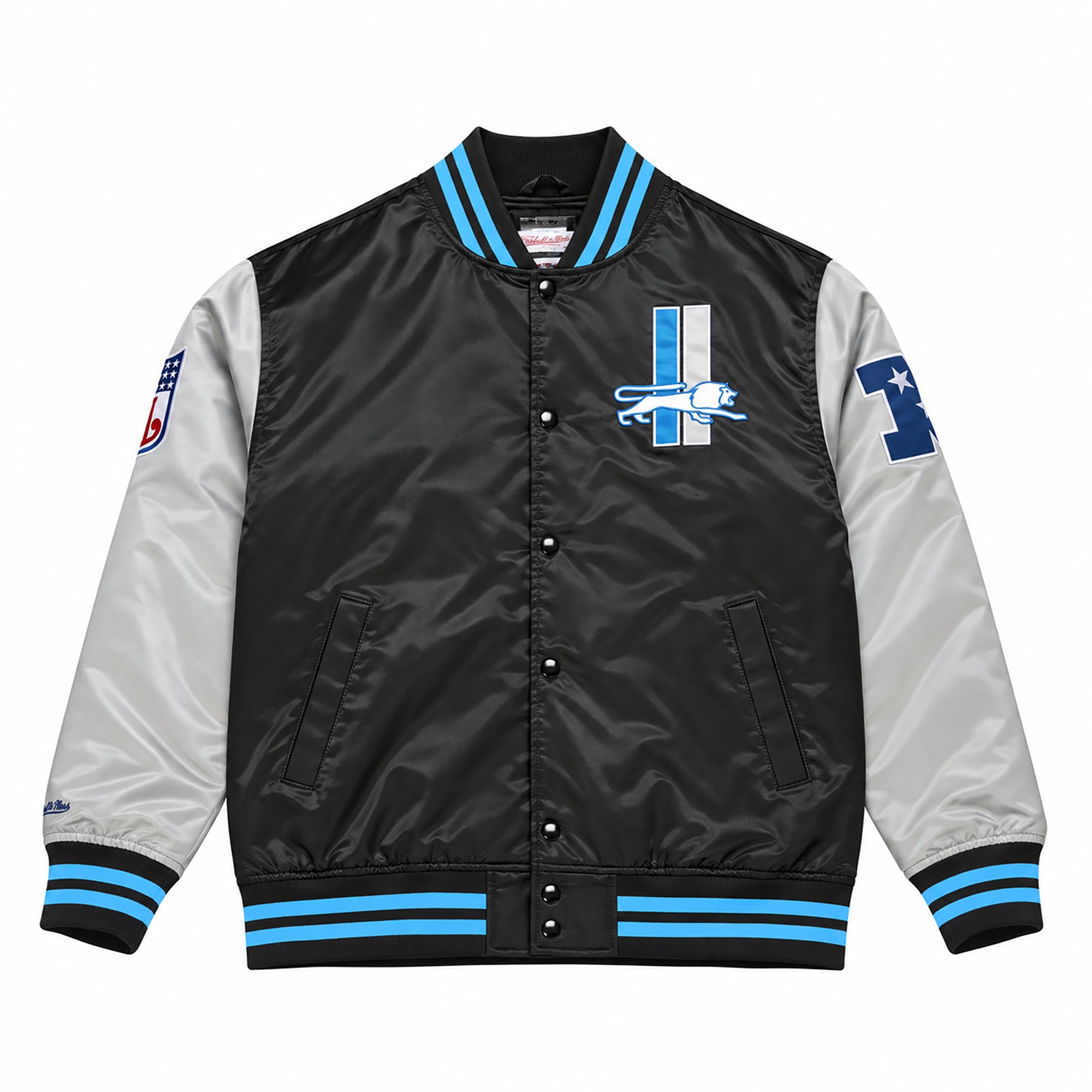 Veste Mitchell & Ness pour homme, bleu/argent, Detroit Lions, grandes tailles, en satin épais à boutons-pression.