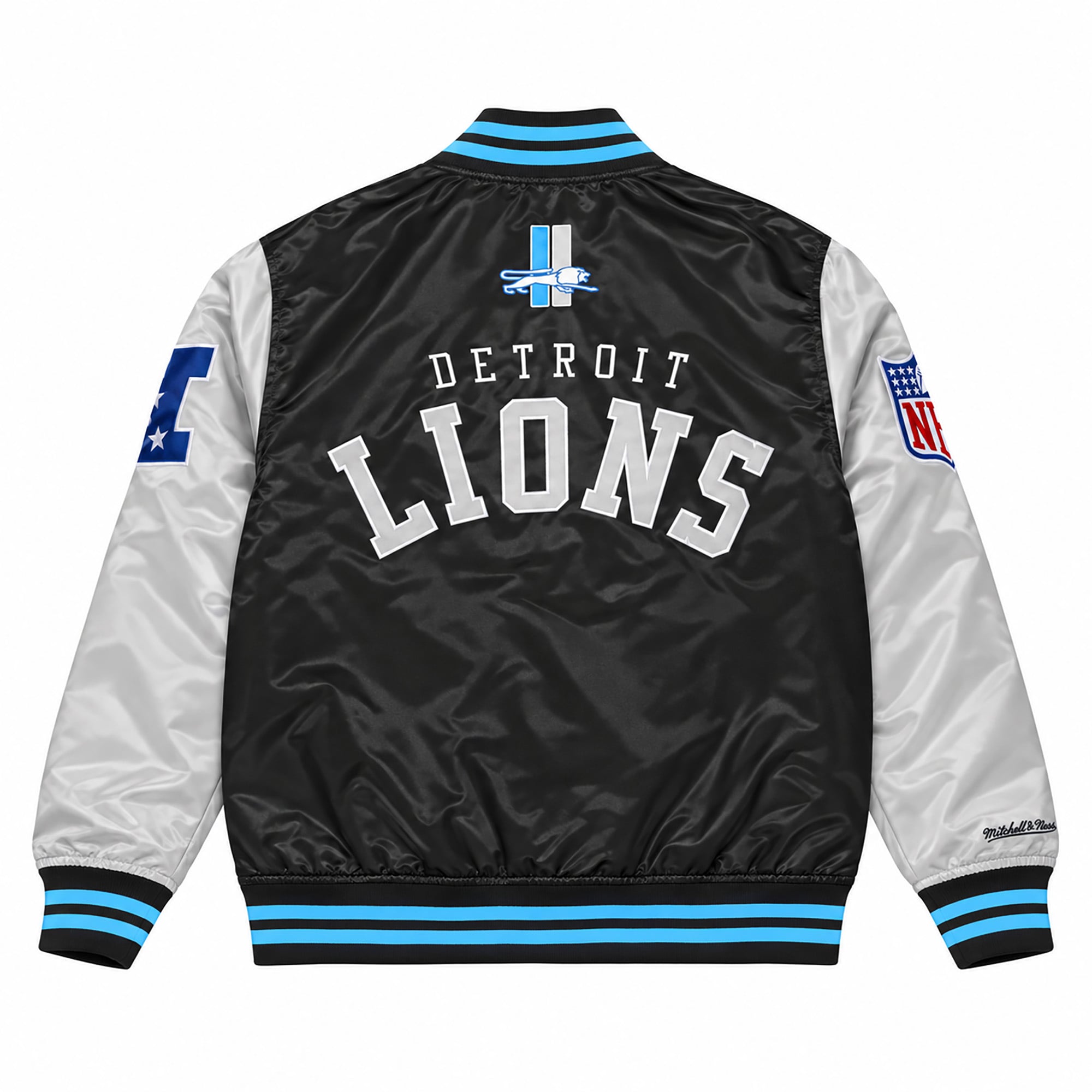 Veste Mitchell & Ness pour homme, bleu/argent, Detroit Lions, grandes tailles, en satin épais à boutons-pression.