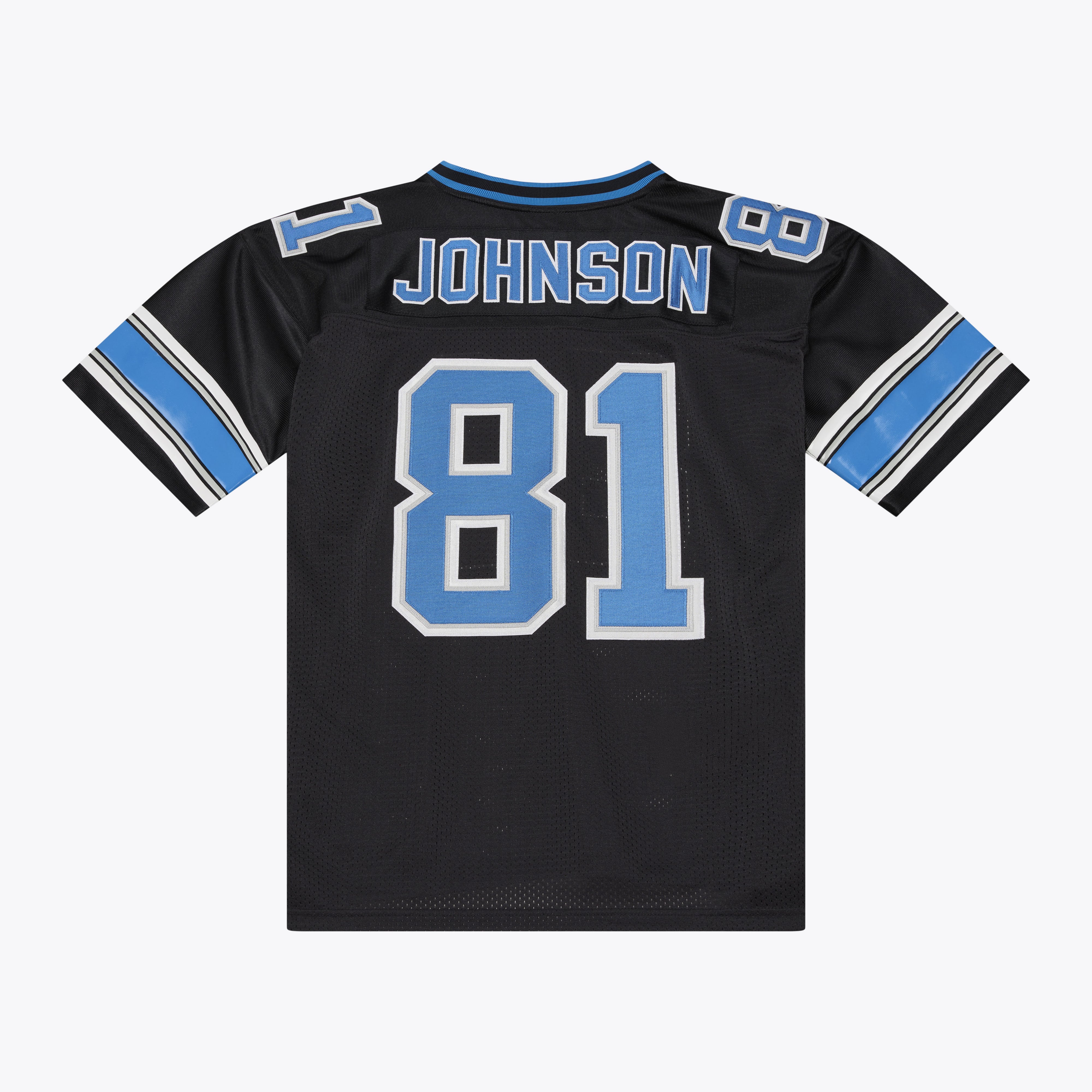 Maillot authentique rétro Mitchell & Ness Calvin Johnson bleu des Lions de Détroit 2007, porté par un joueur retraité.