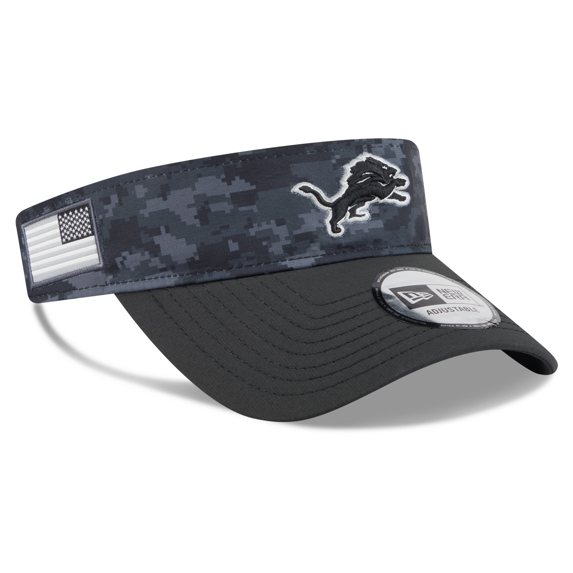 Casquette New Era noire pour homme, modèle Detroit Lions 2026 Salute To Service, visière ajustable