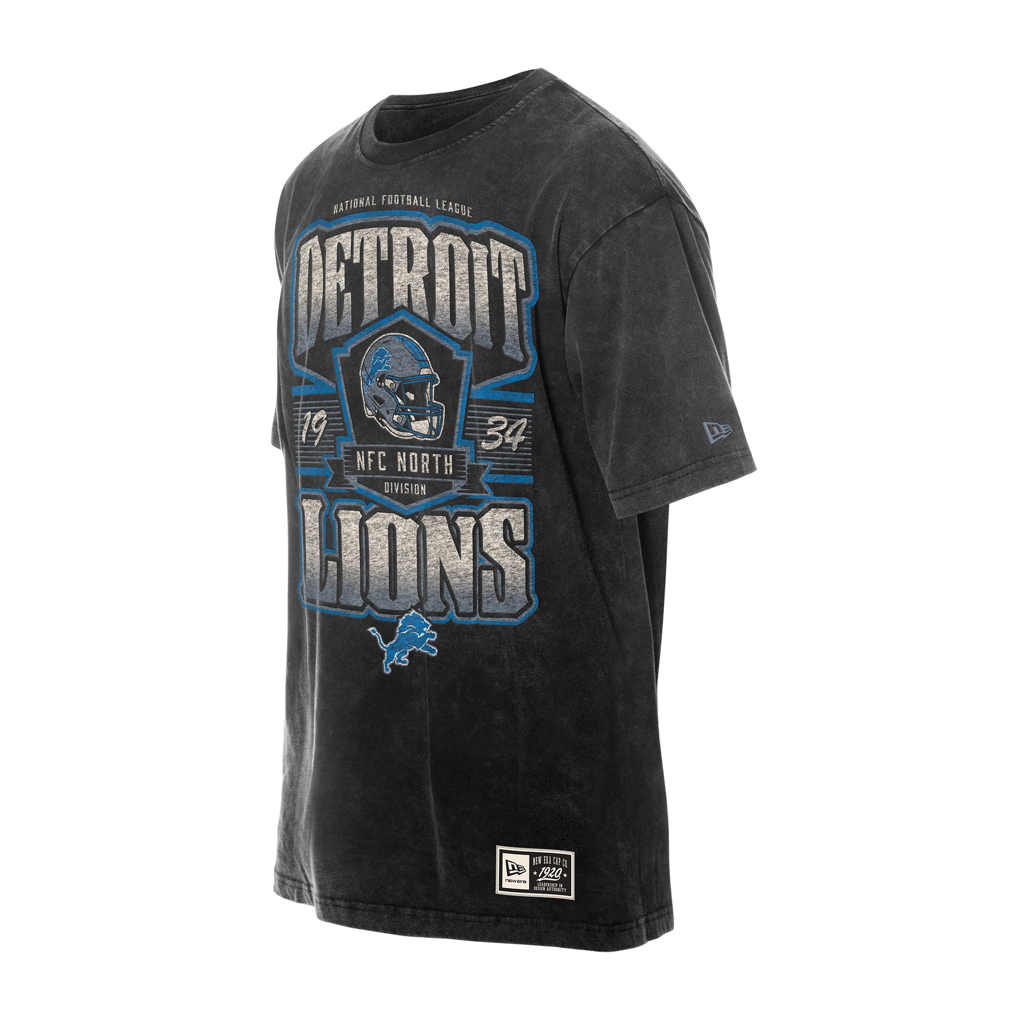 T-shirt New Era noir pour homme, Detroit Lions, délavage minéral