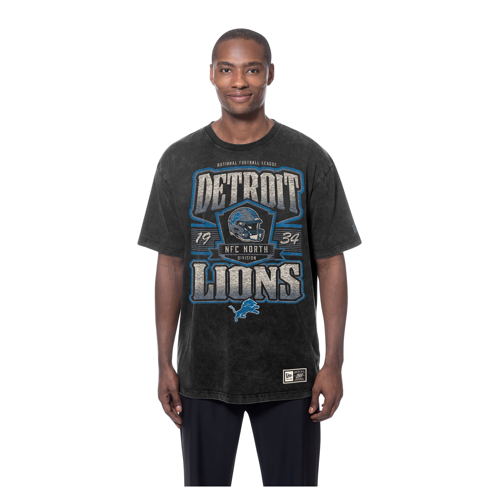 T-shirt New Era noir pour homme, Detroit Lions, délavage minéral