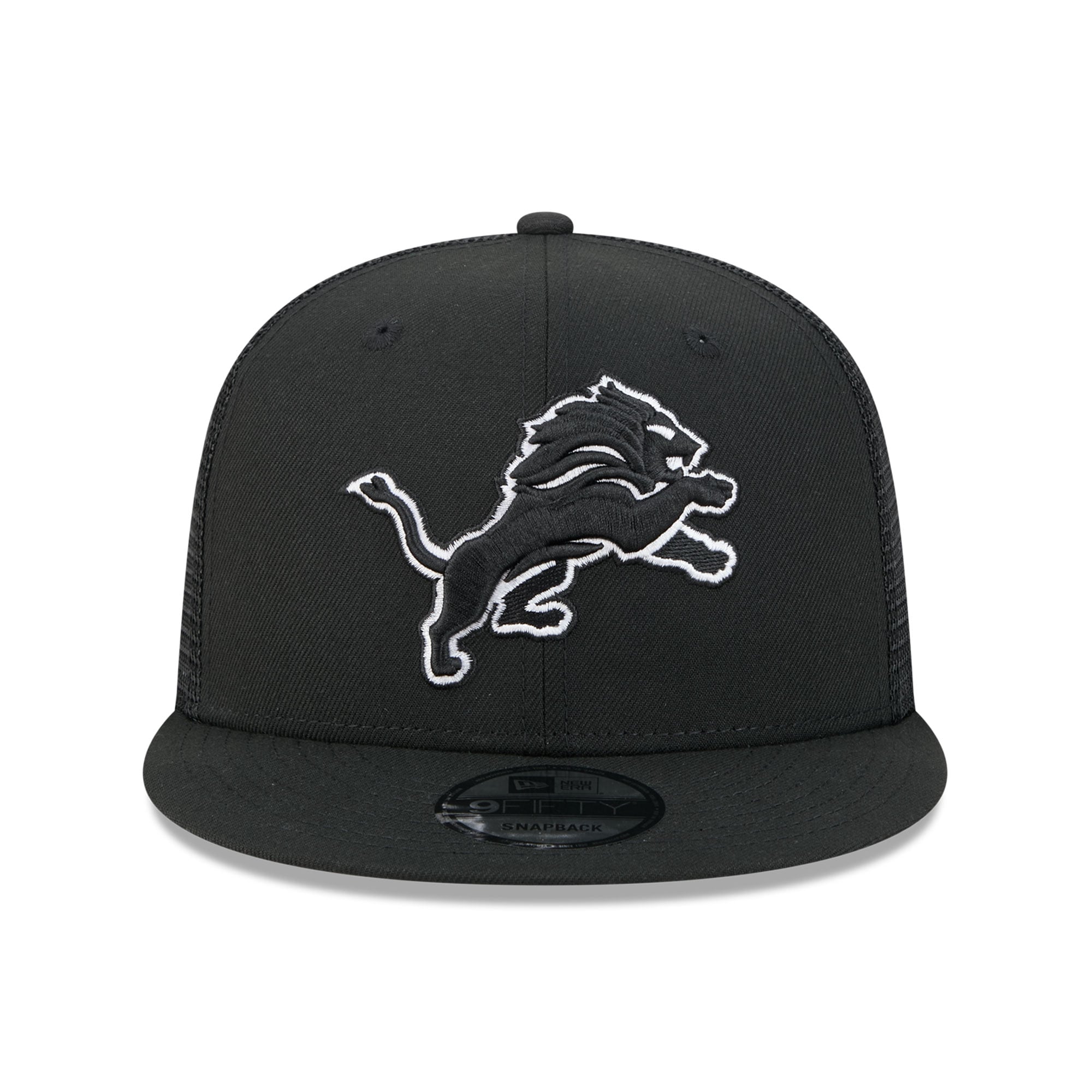 Casquette trucker New Era Detroit Lions 9FIFTY Snapback noire et blanche pour homme
