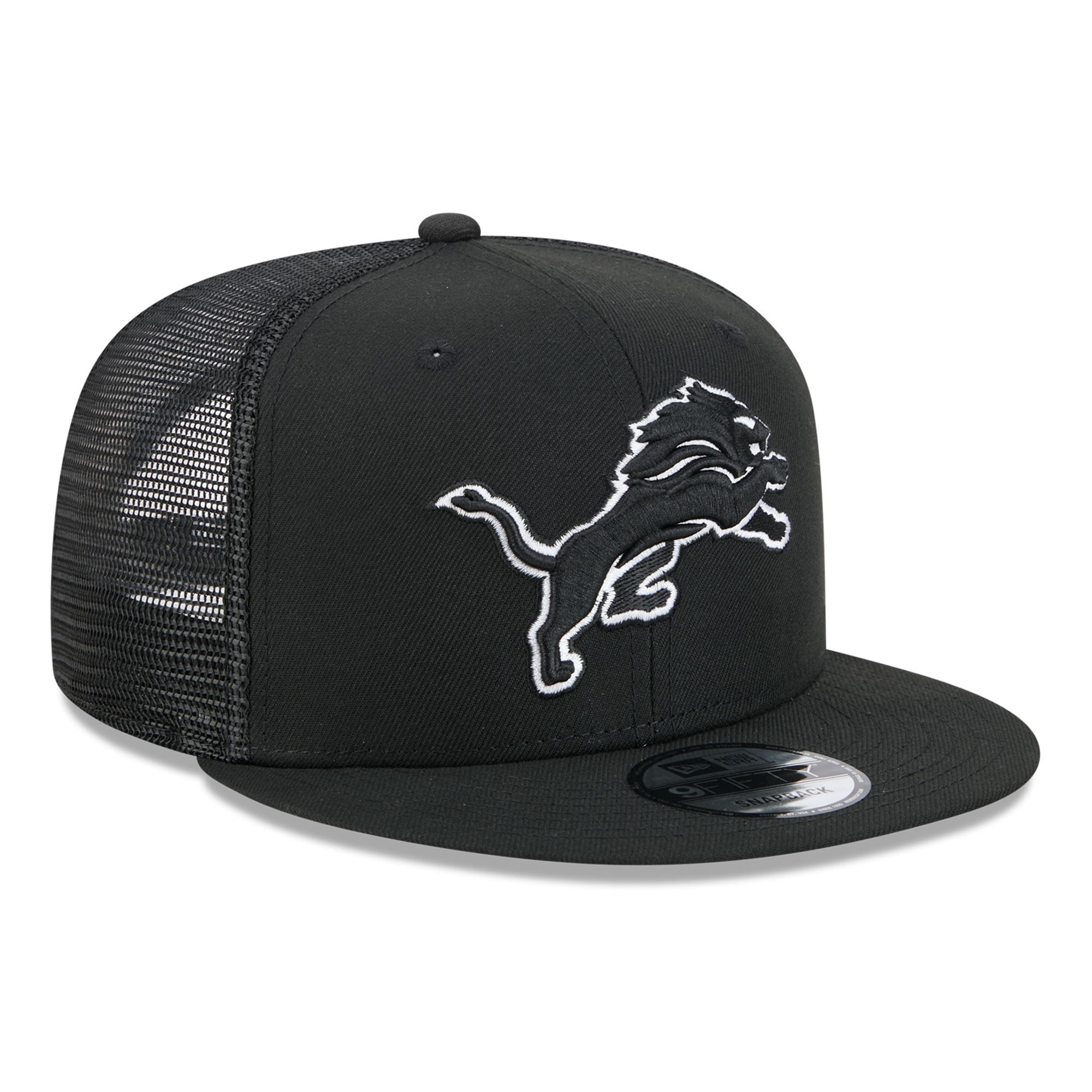 Casquette trucker New Era Detroit Lions 9FIFTY Snapback noire et blanche pour homme