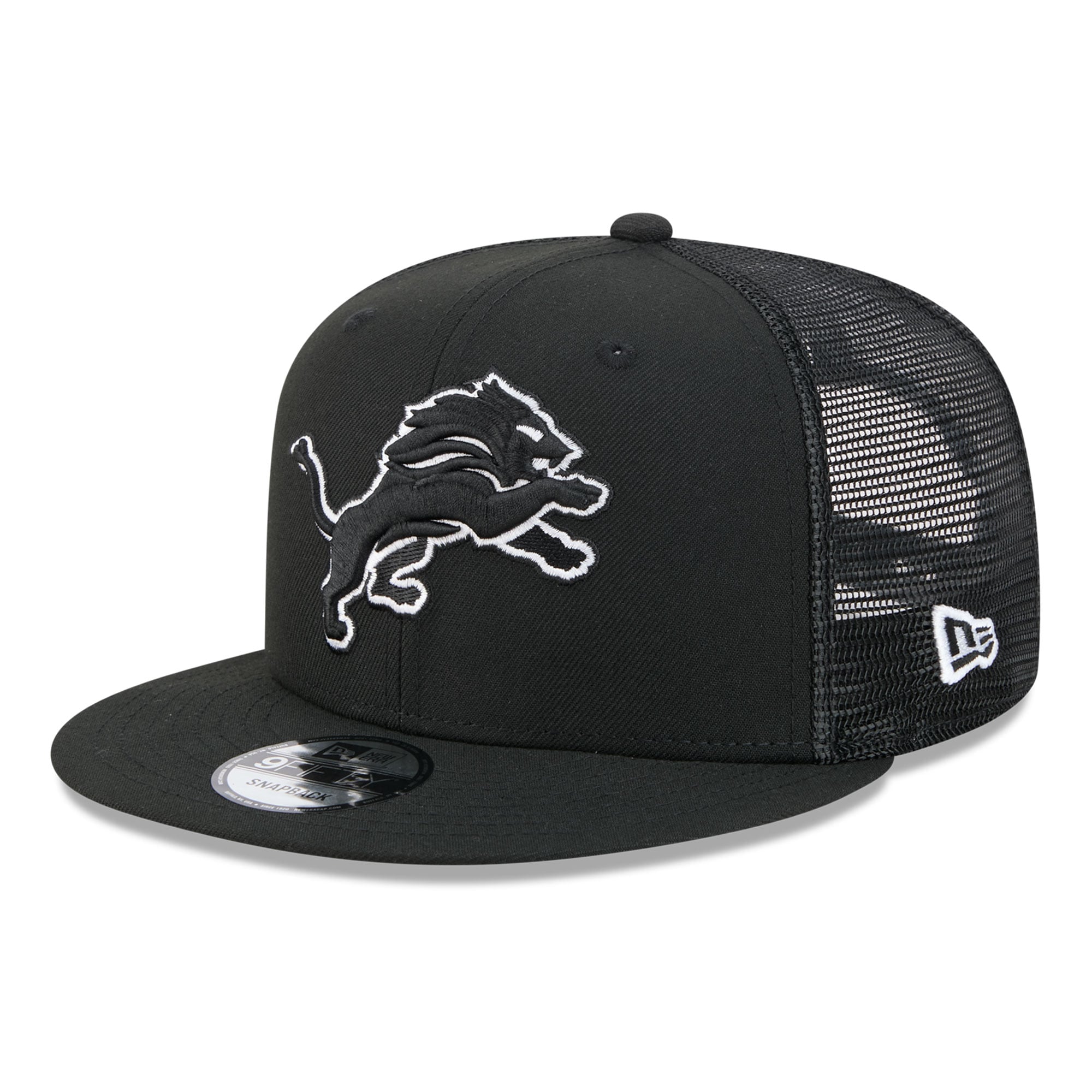 Casquette trucker New Era Detroit Lions 9FIFTY Snapback noire et blanche pour homme