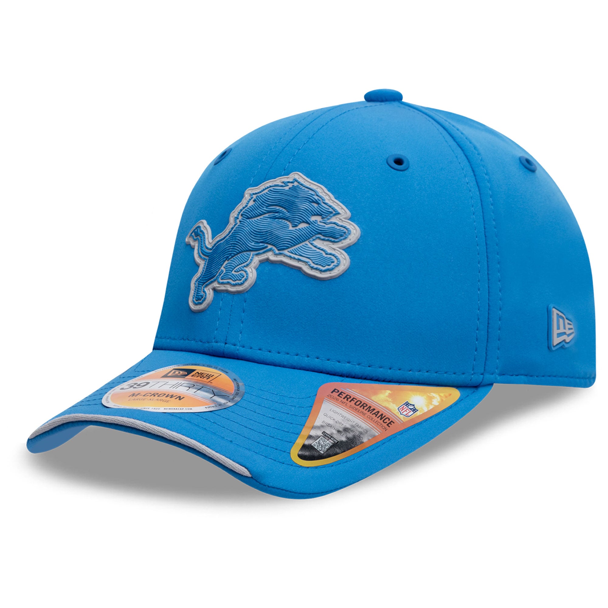 Casquette New Era bleue Detroit Lions 2026 Sideline 39THIRTY M-Crown Flex pour homme