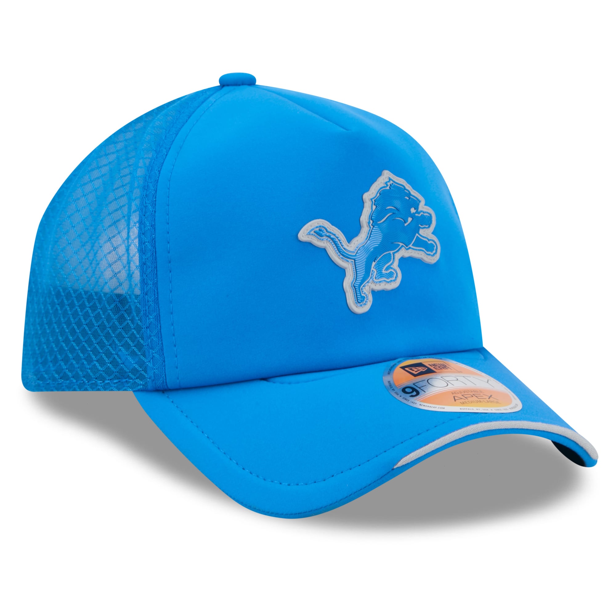 Men's New Era Detroit Lions 2026 Sideline Apex 9FORTY Adjustable Trucker Hat