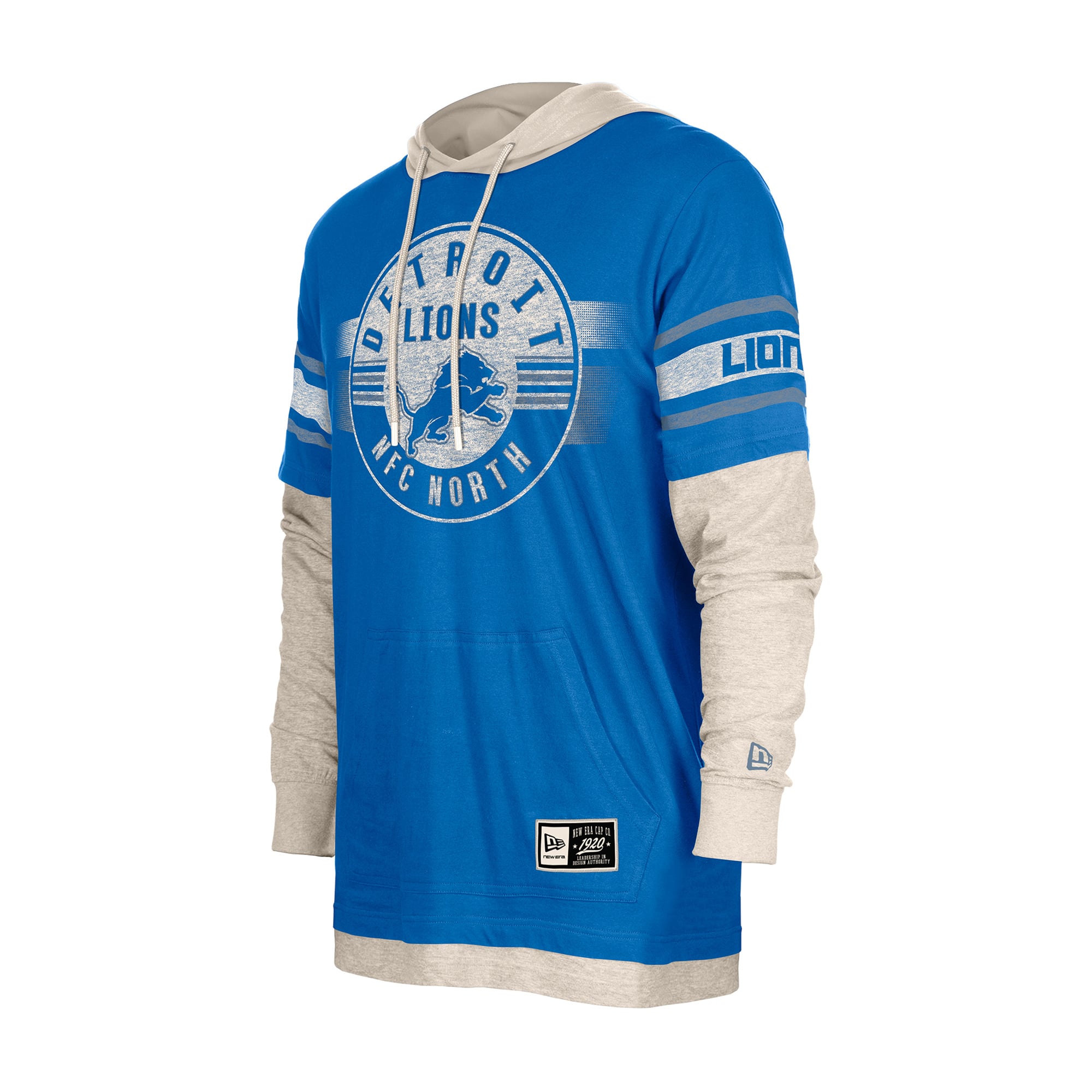 Men's New Era Blue Detroit Lions Twofer Layered Long Sleeve Hooded T-Shirt
