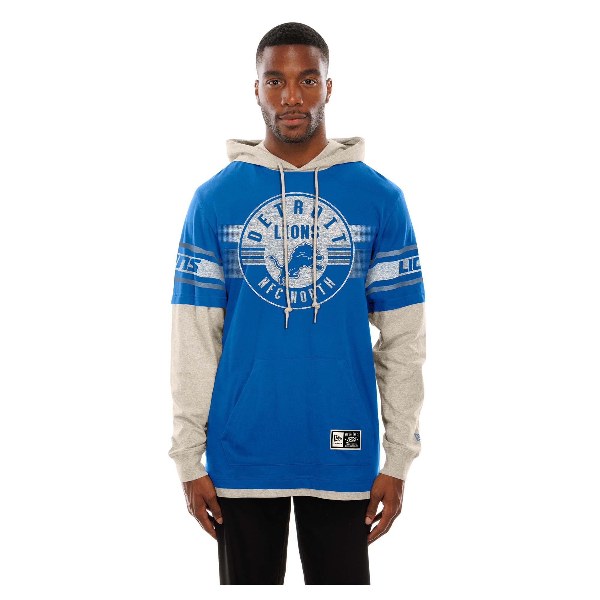 Men's New Era Blue Detroit Lions Twofer Layered Long Sleeve Hooded T-Shirt