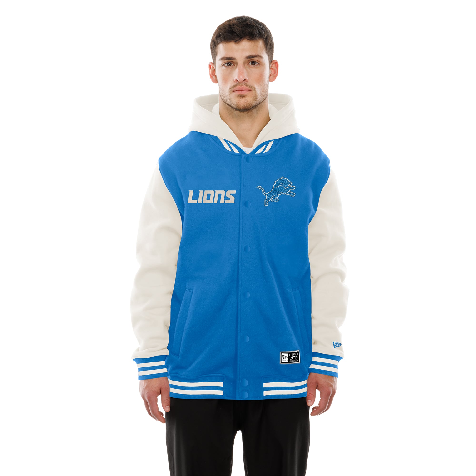 Veste polaire à capuche New Era bleu/crème Detroit Lions pour homme, fermeture boutons-pression.