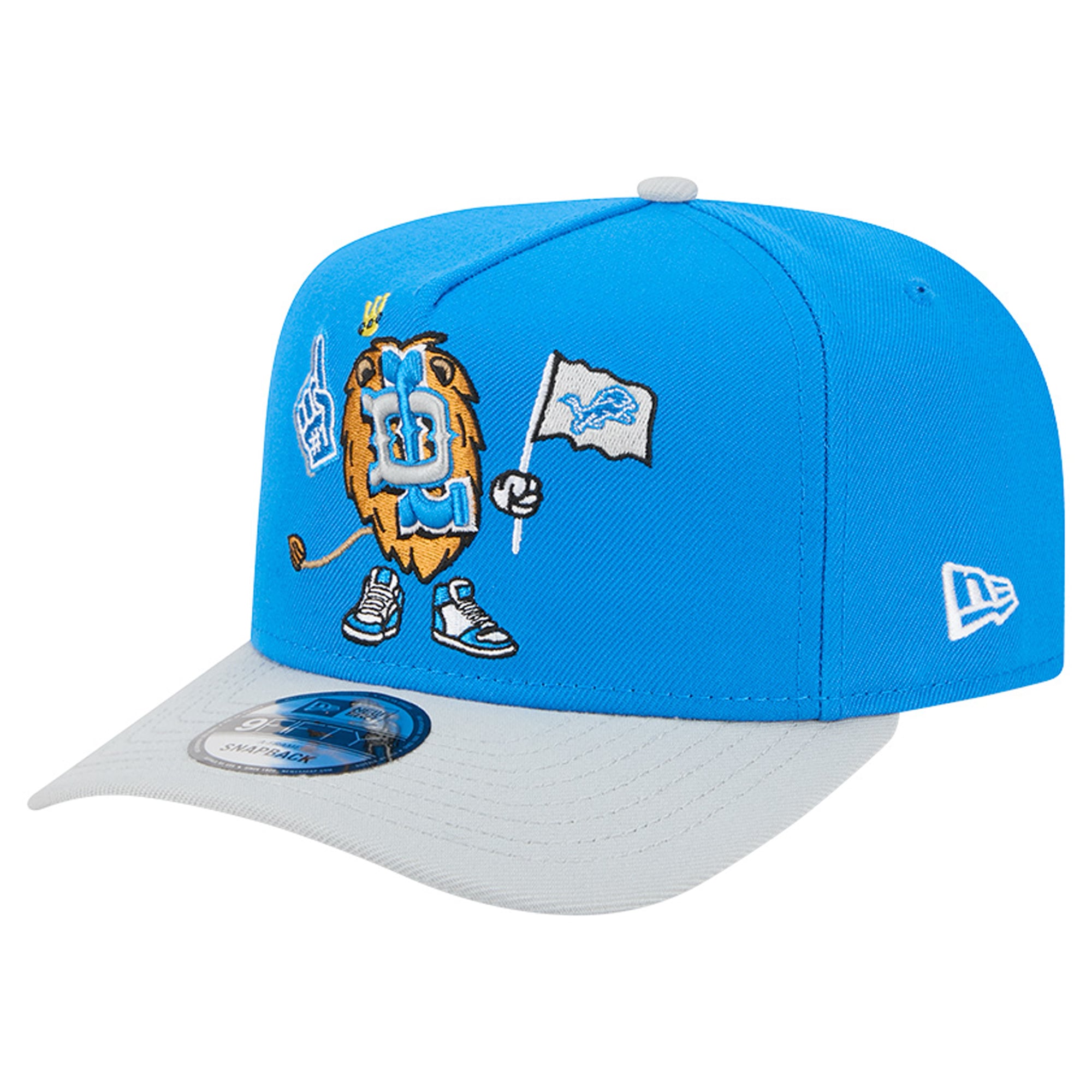 Casquette snapback New Era 9FIFTY pour homme, bleue et argentée, motif Detroit Lions, style dessin animé.