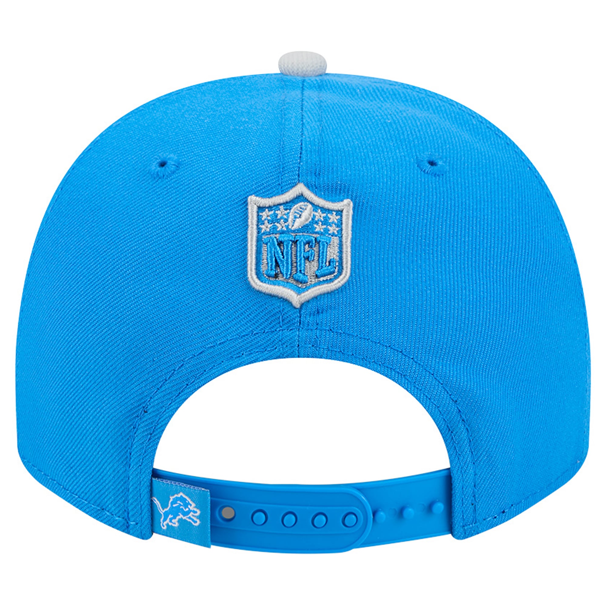 Casquette snapback New Era 9FIFTY pour homme, bleue et argentée, motif Detroit Lions, style dessin animé.