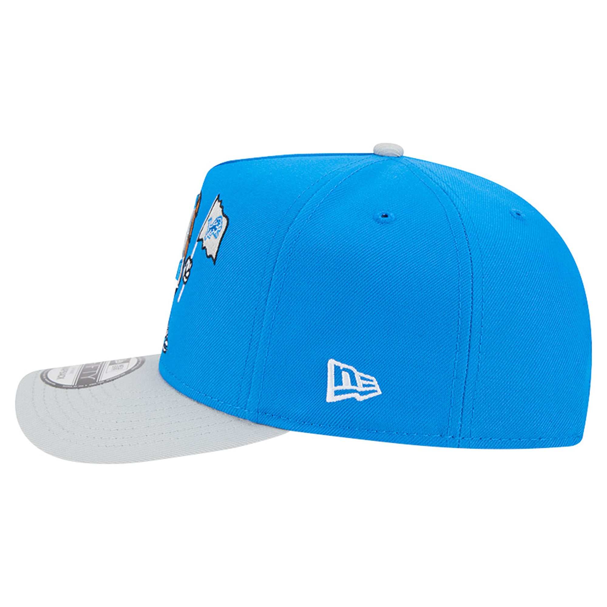 Casquette snapback New Era 9FIFTY pour homme, bleue et argentée, motif Detroit Lions, style dessin animé.