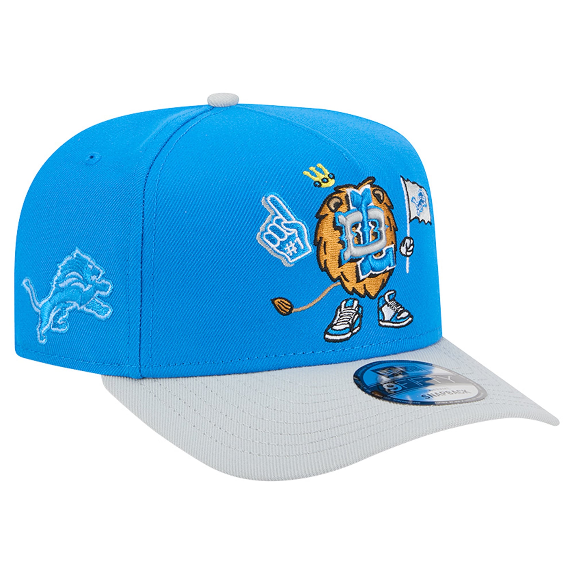 Casquette snapback New Era 9FIFTY pour homme, bleue et argentée, motif Detroit Lions, style dessin animé.