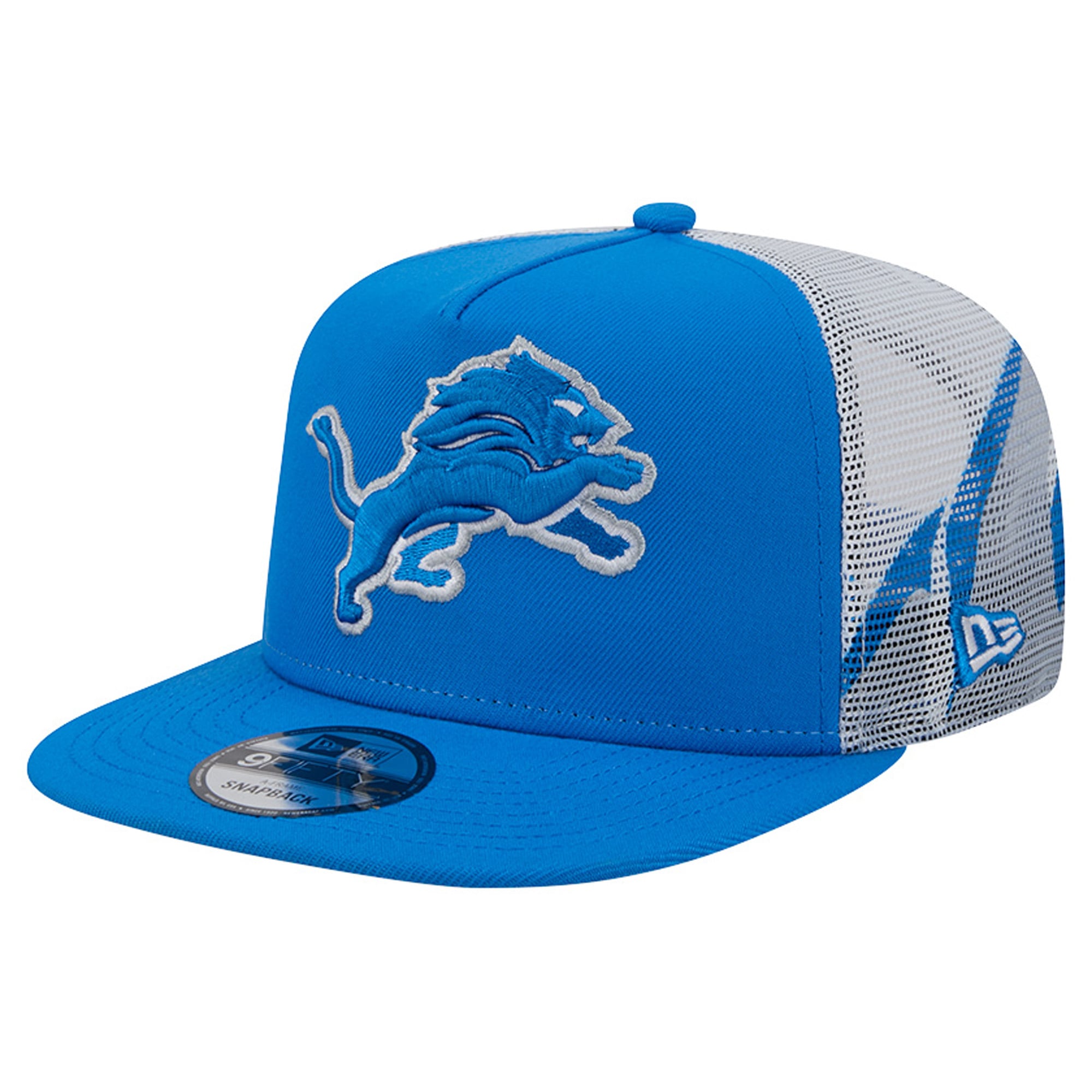Casquette trucker New Era 9FIFTY Snapback bleue et argentée Detroit Lions pour homme