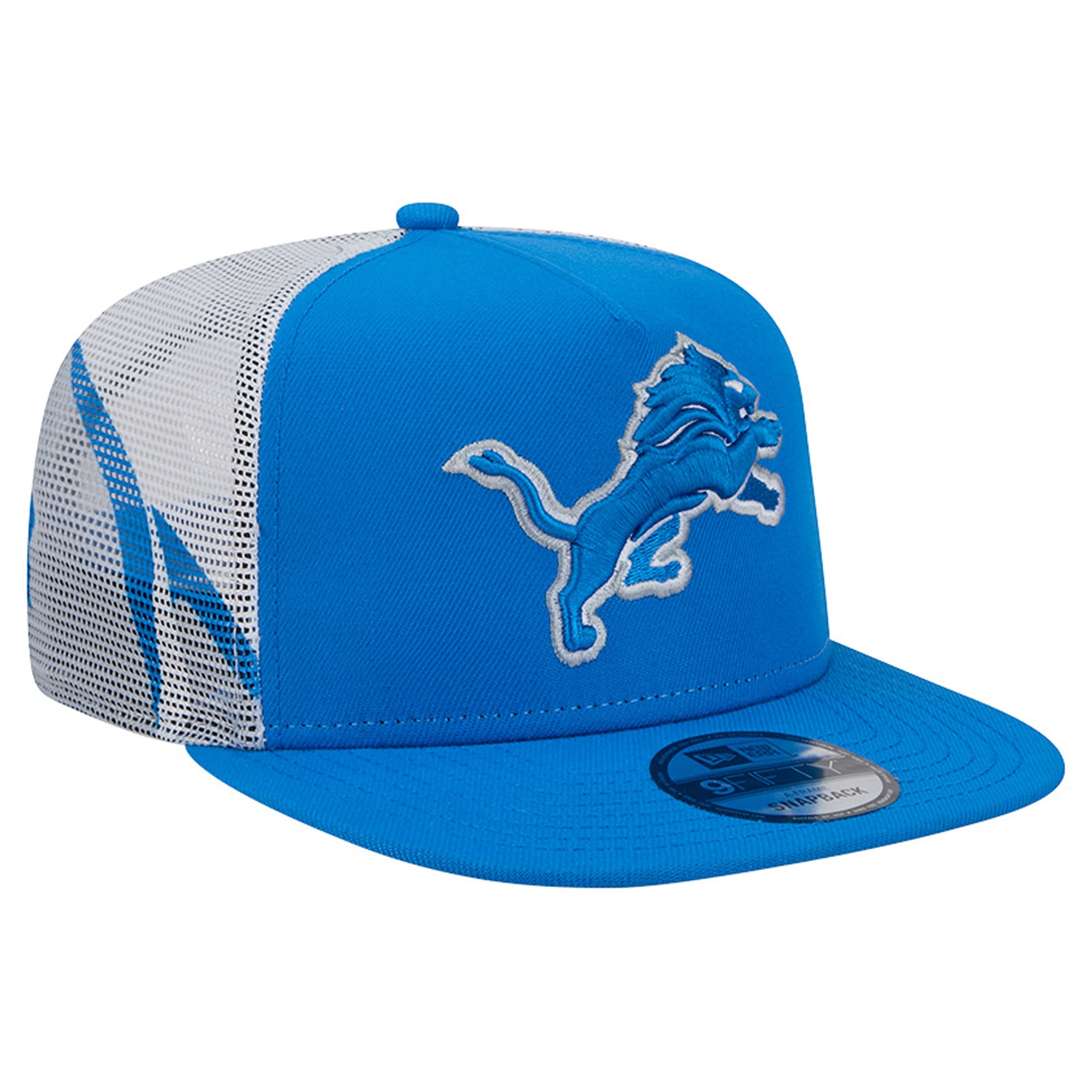 Casquette trucker New Era 9FIFTY Snapback bleue et argentée Detroit Lions pour homme