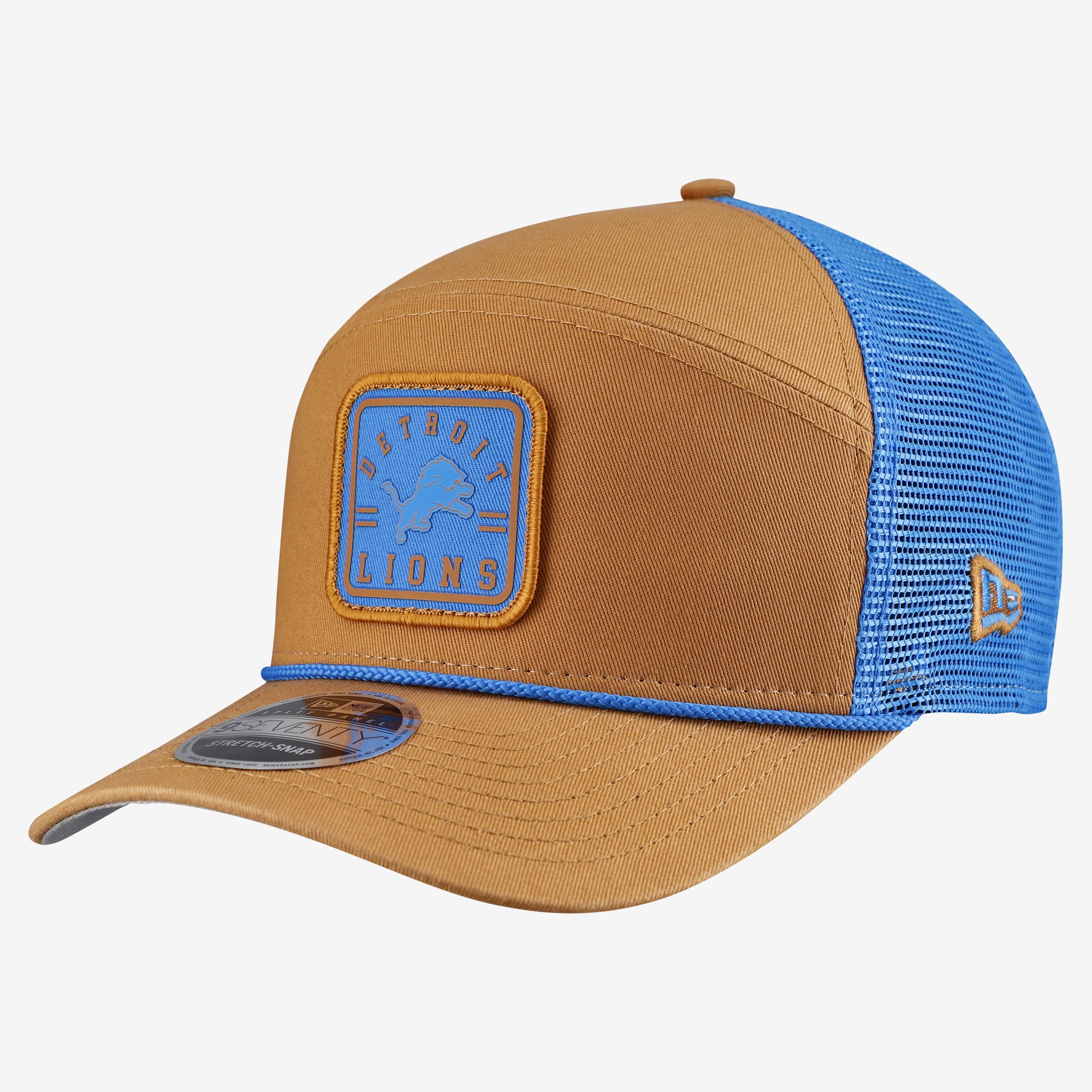 Men's New Era  Brown/Blue Detroit Lions Team Patch Split Panel 9SEVENTY Adjustable Trucker Hat