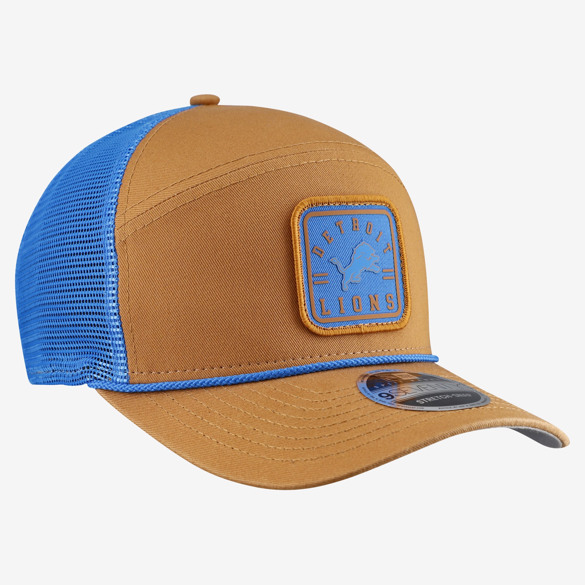 Men's New Era  Brown/Blue Detroit Lions Team Patch Split Panel 9SEVENTY Adjustable Trucker Hat