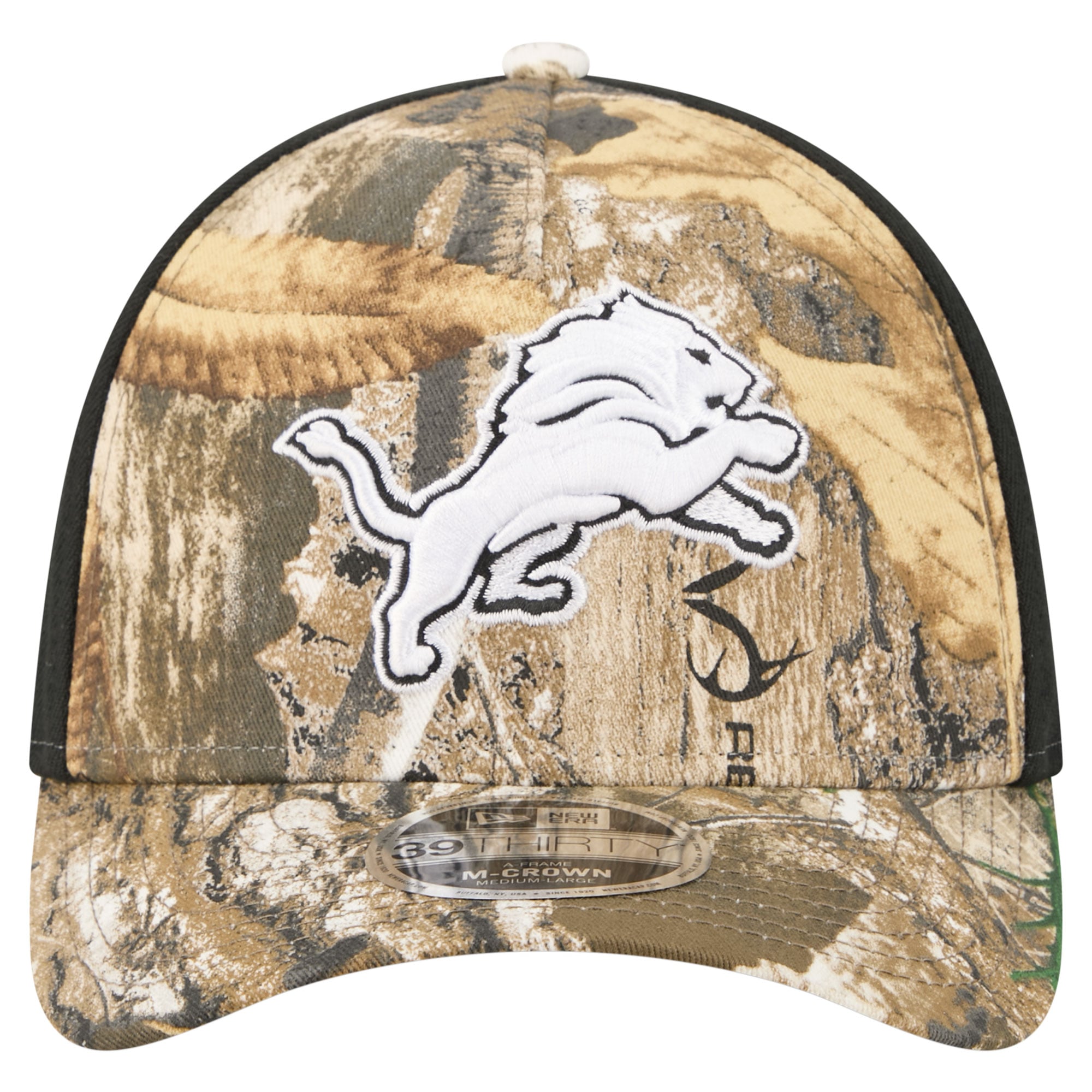 Men's New Era Camo/Black Detroit Lions Team Collection RealTree 39THIRTY M-Crown A-Frame Flex Hat