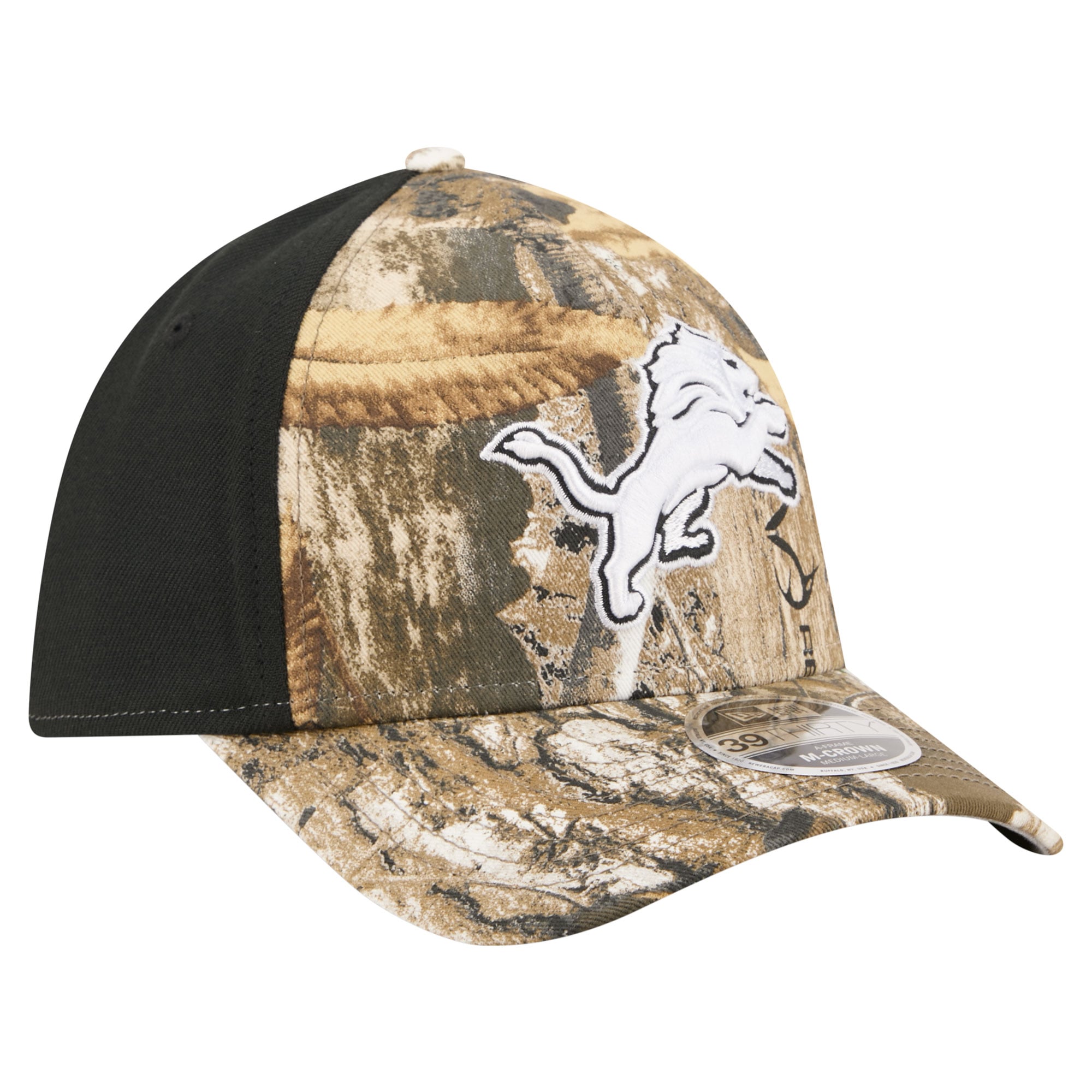 Men's New Era Camo/Black Detroit Lions Team Collection RealTree 39THIRTY M-Crown A-Frame Flex Hat