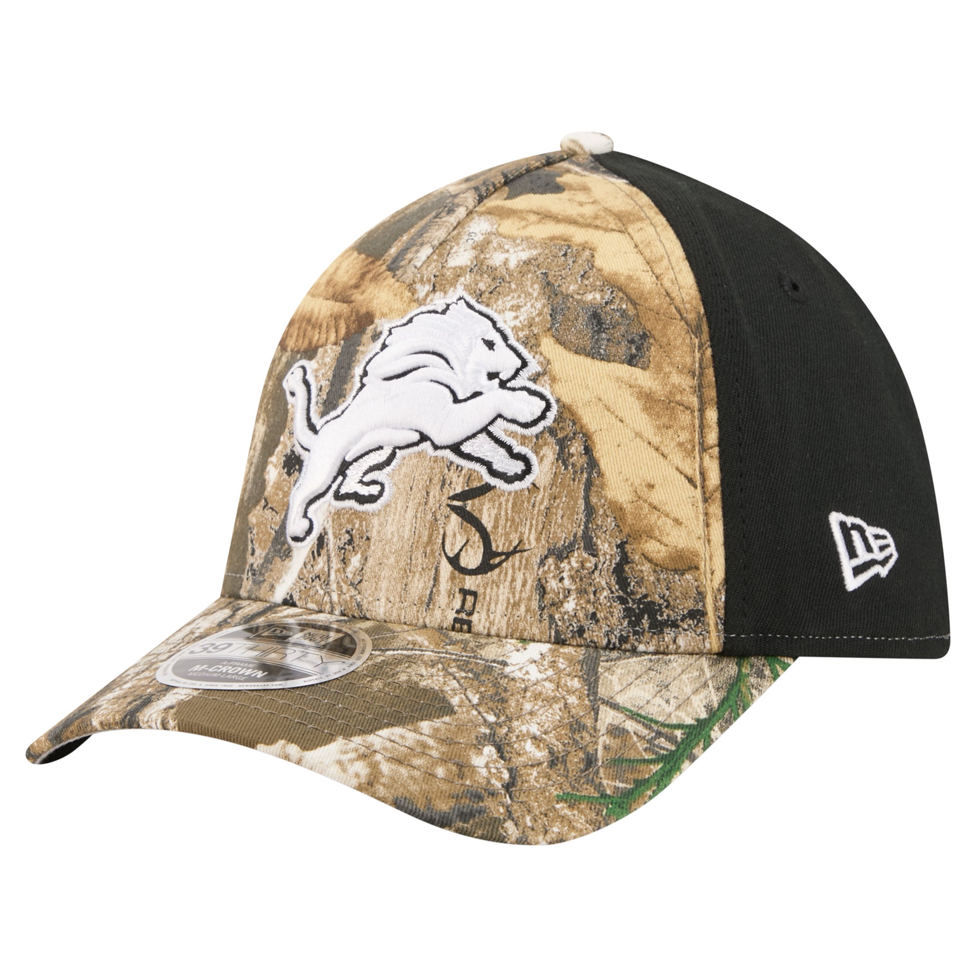 Men's New Era Camo/Black Detroit Lions Team Collection RealTree 39THIRTY M-Crown A-Frame Flex Hat