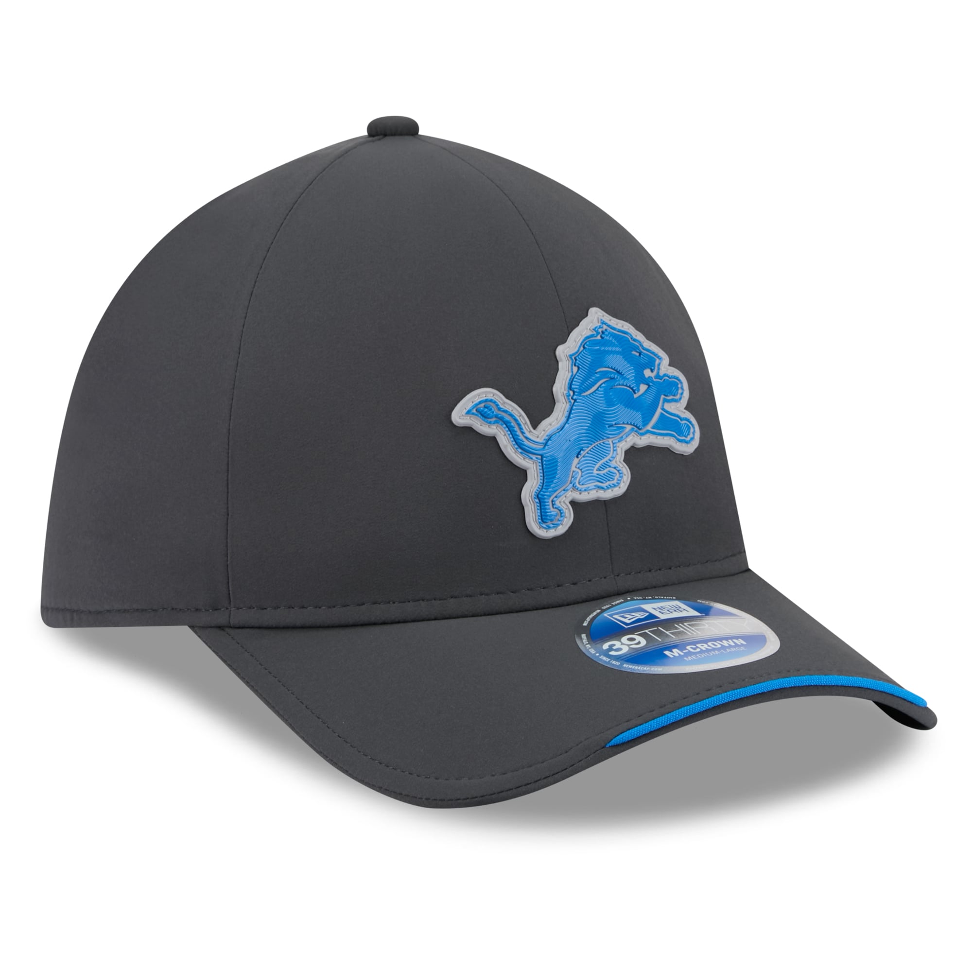 Casquette extensible New Era Detroit Lions 2026 Sideline pour homme, couleur anthracite, modèle 39THIRTY M-Crown, idéale les temps froids.