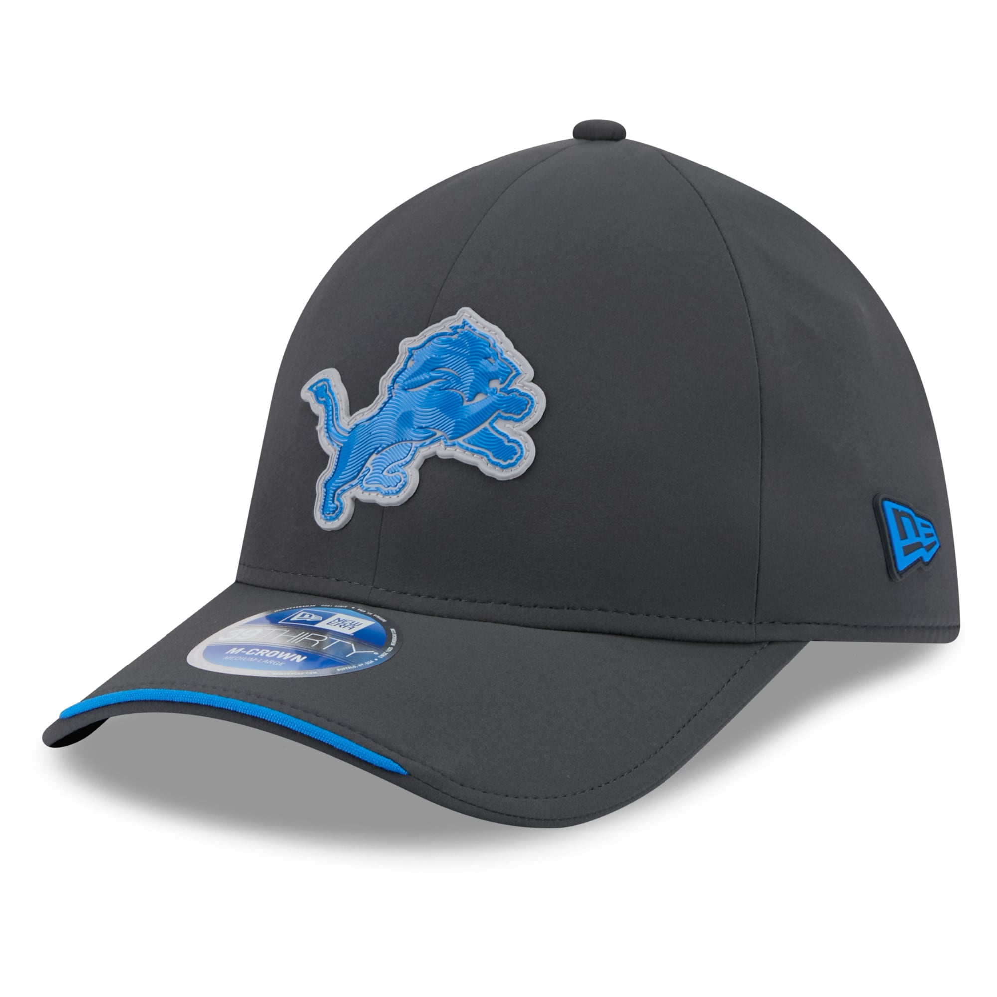 Casquette extensible New Era Detroit Lions 2026 Sideline pour homme, couleur anthracite, modèle 39THIRTY M-Crown, idéale les temps froids.