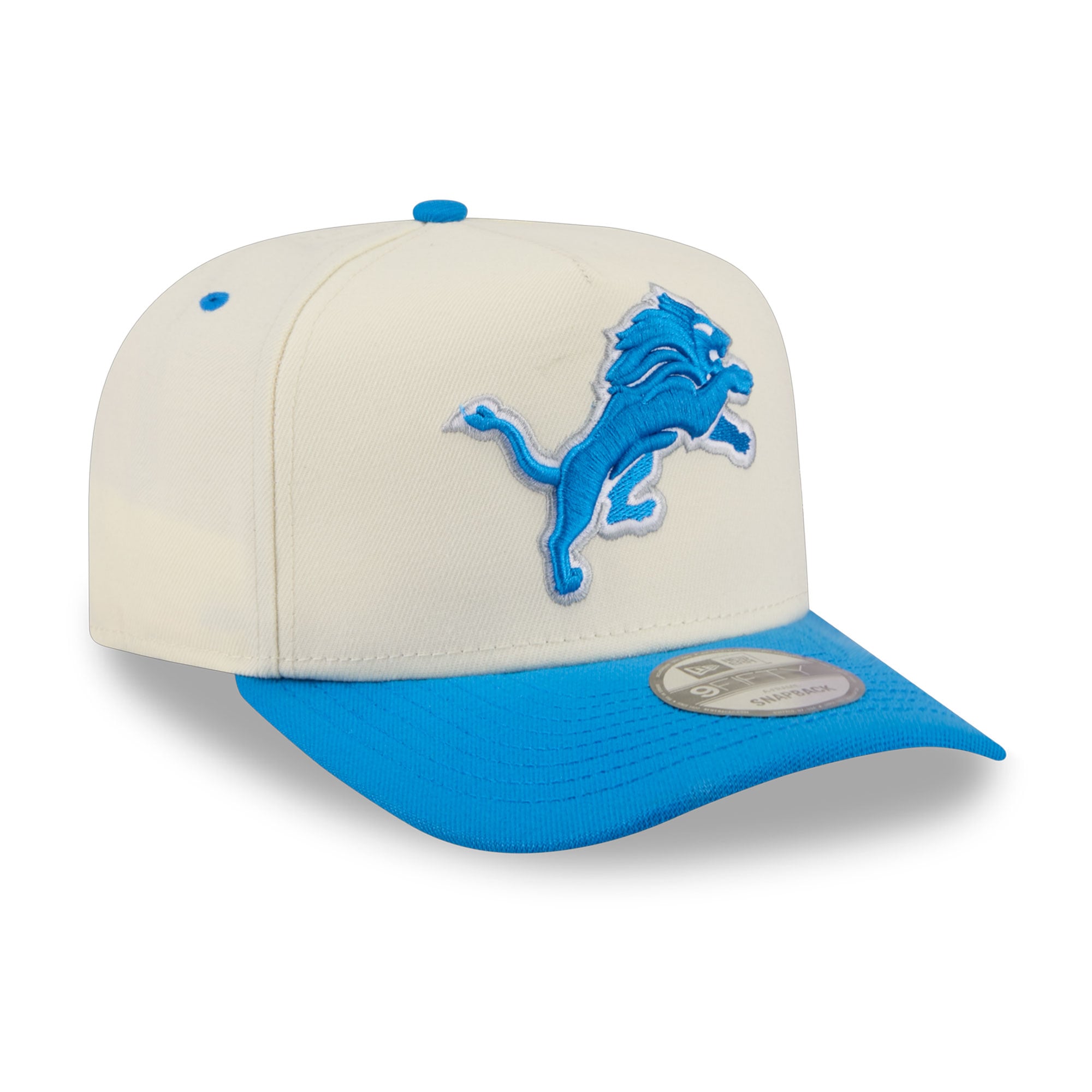 Casquette snapback New Era 9FIFTY crème/bleue pour homme, logo Detroit Lions à l'arrière.
