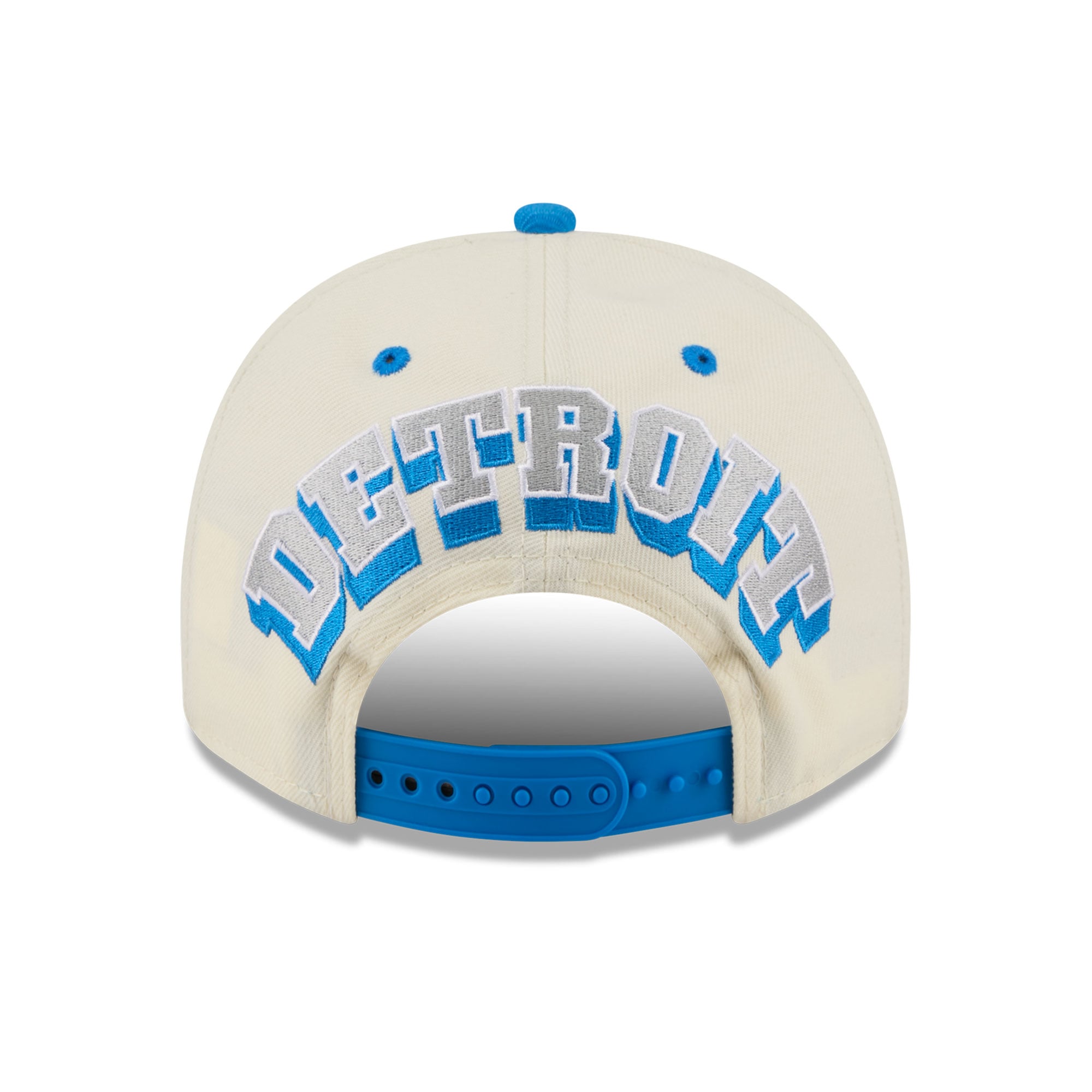 Casquette snapback New Era 9FIFTY crème/bleue pour homme, logo Detroit Lions à l'arrière.