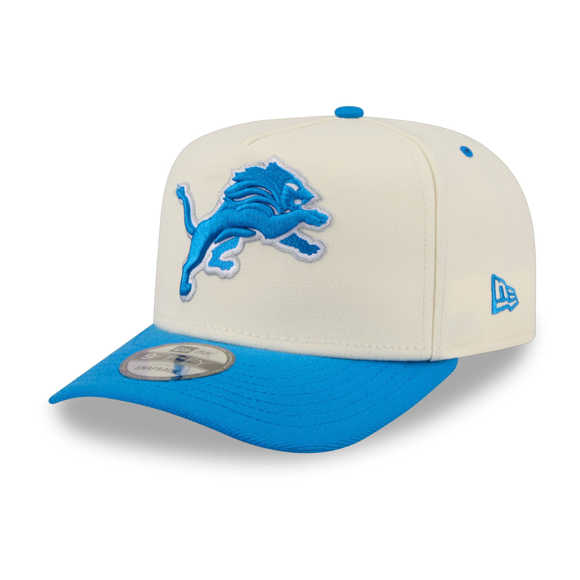 Casquette snapback New Era 9FIFTY crème/bleue pour homme, logo Detroit Lions à l'arrière.