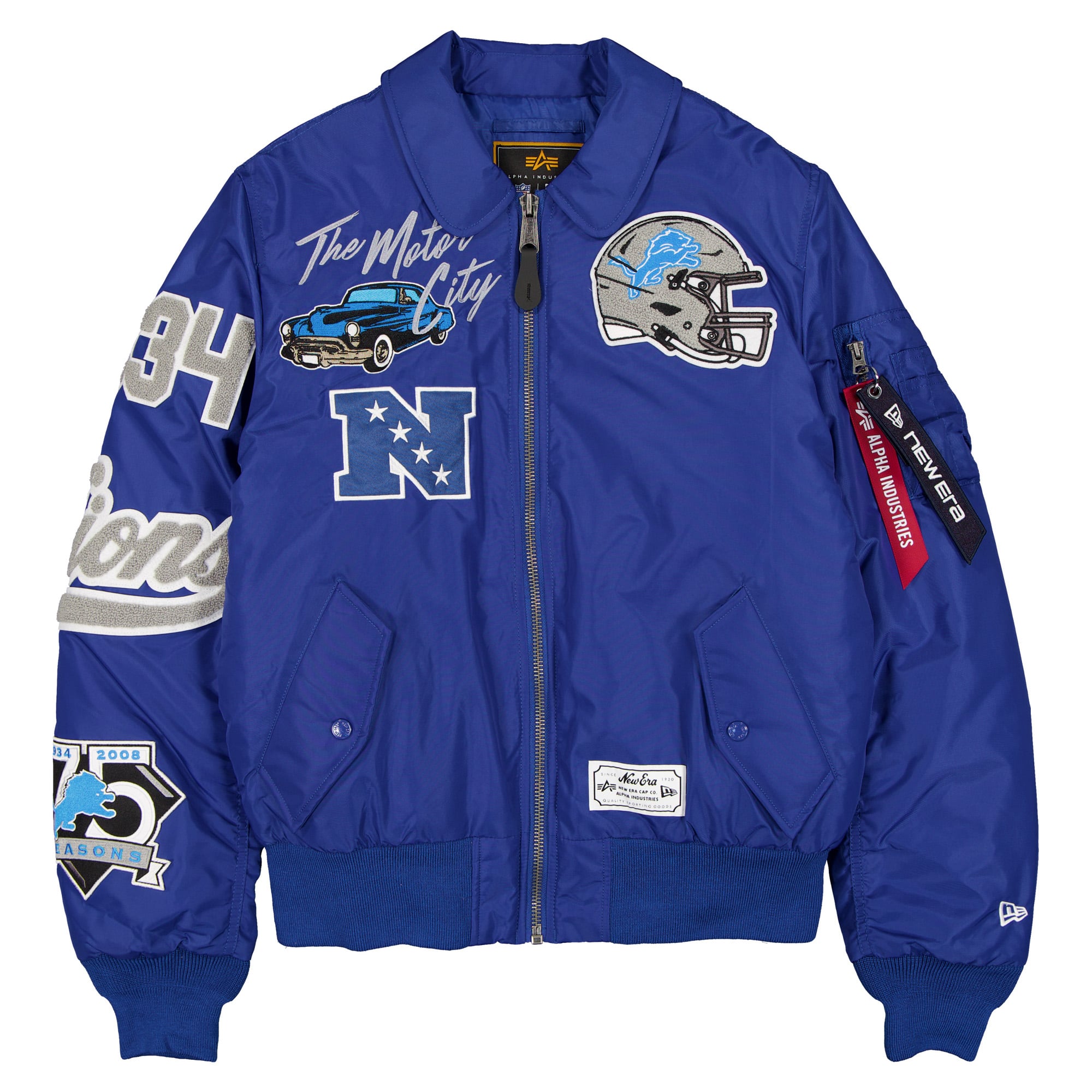 Veste bomber zippée intégrale New Era x Alpha Industries bleue Detroit Lions MA-1 pour homme