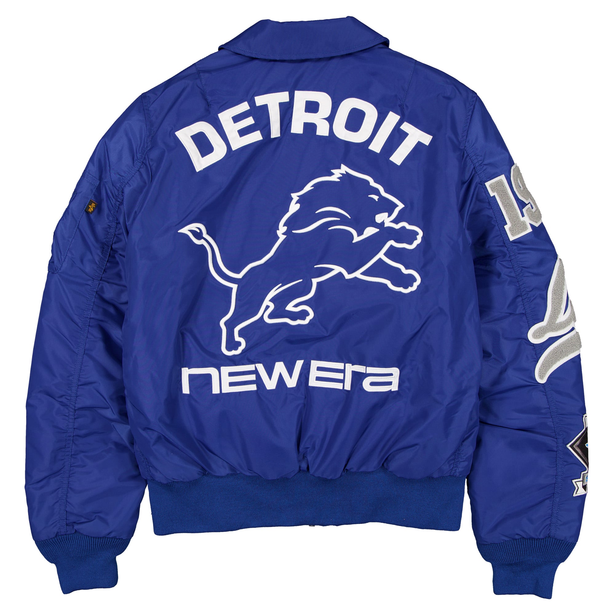 Veste bomber zippée intégrale New Era x Alpha Industries bleue Detroit Lions MA-1 pour homme