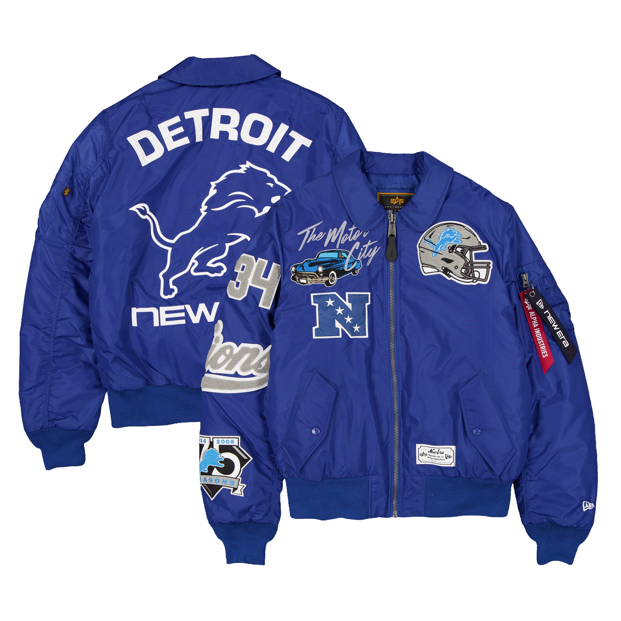 Veste bomber zippée intégrale New Era x Alpha Industries bleue Detroit Lions MA-1 pour homme