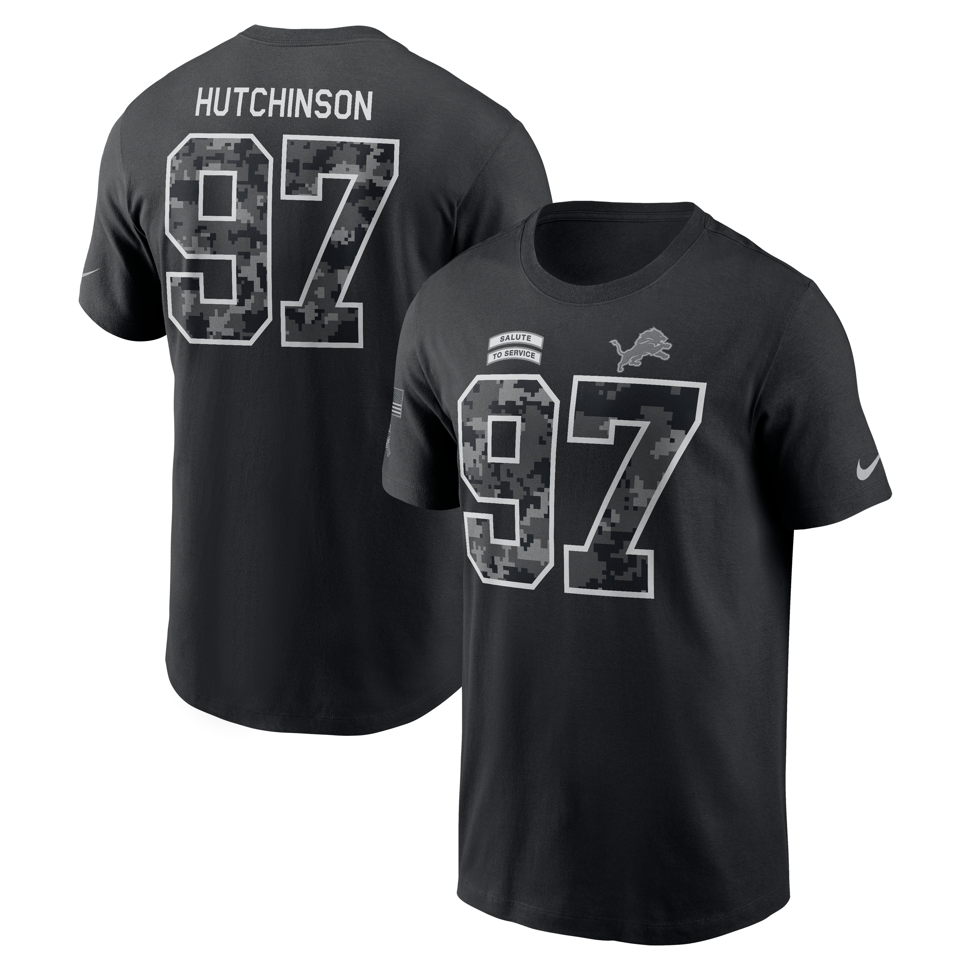 T-shirt Nike Aidan Hutchinson noir Detroit Lions 2026 Salute to Service pour homme, avec nom et numéro
