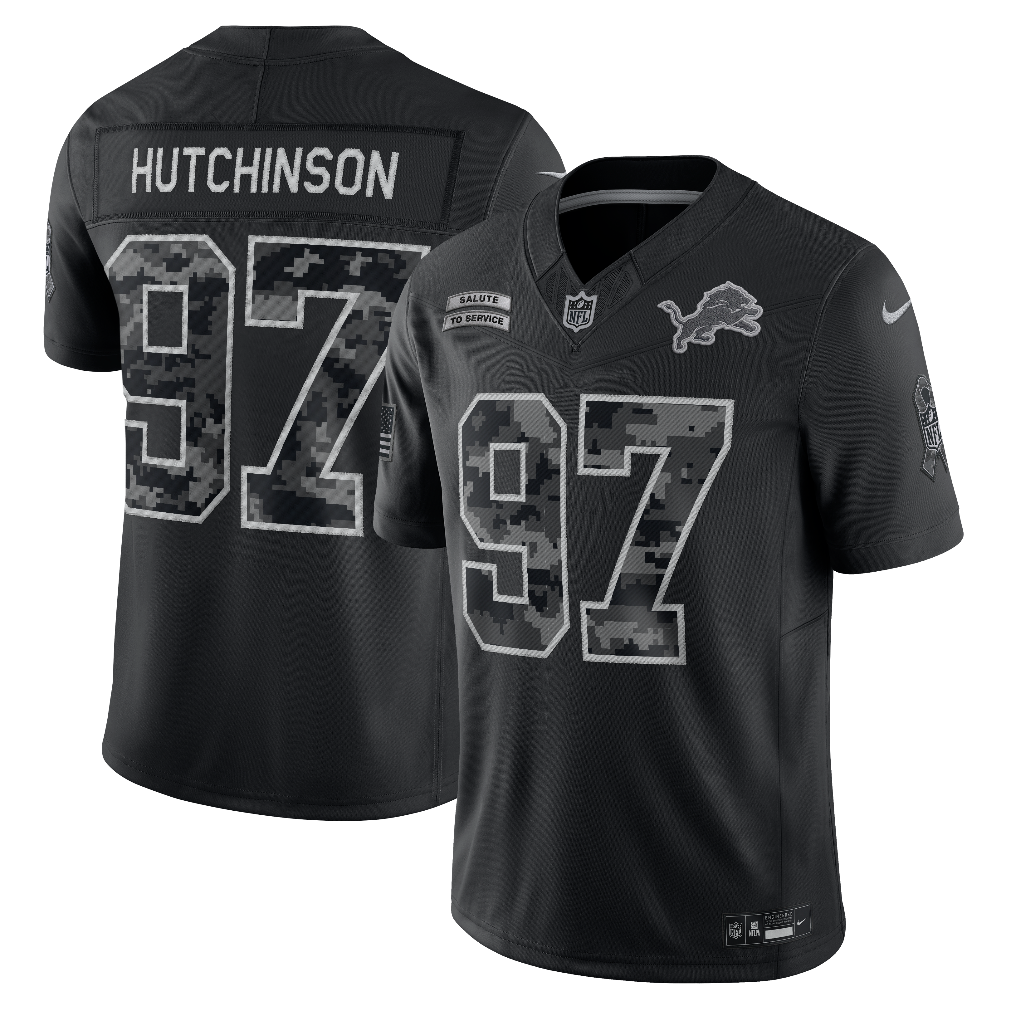 Maillot Nike Aidan Hutchinson noir Detroit Lions 2026 Salute to Service, édition limitée cousue