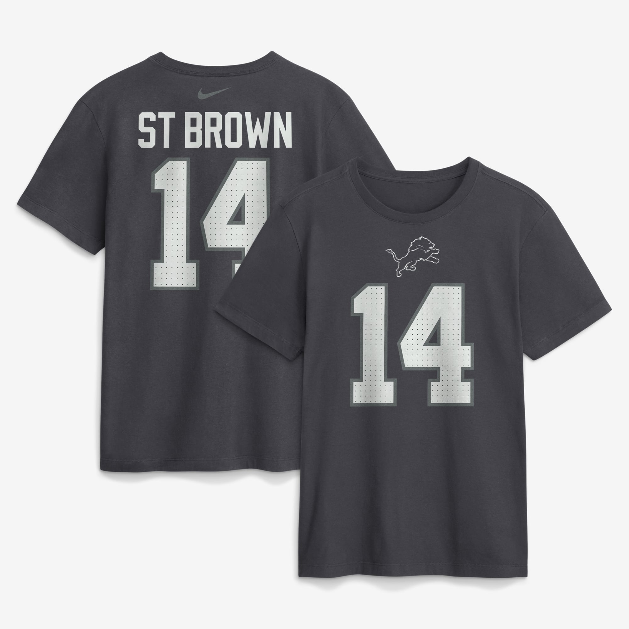 T-shirt Nike Amon-Ra St. Brown anthracite Detroit Lions pour homme, avec nom et numéro