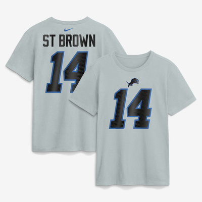 Amon-Ra St. Brown Detroit Lions Nike 2026 Rivalries Collection Player Name & Number T-Shirt - Silver