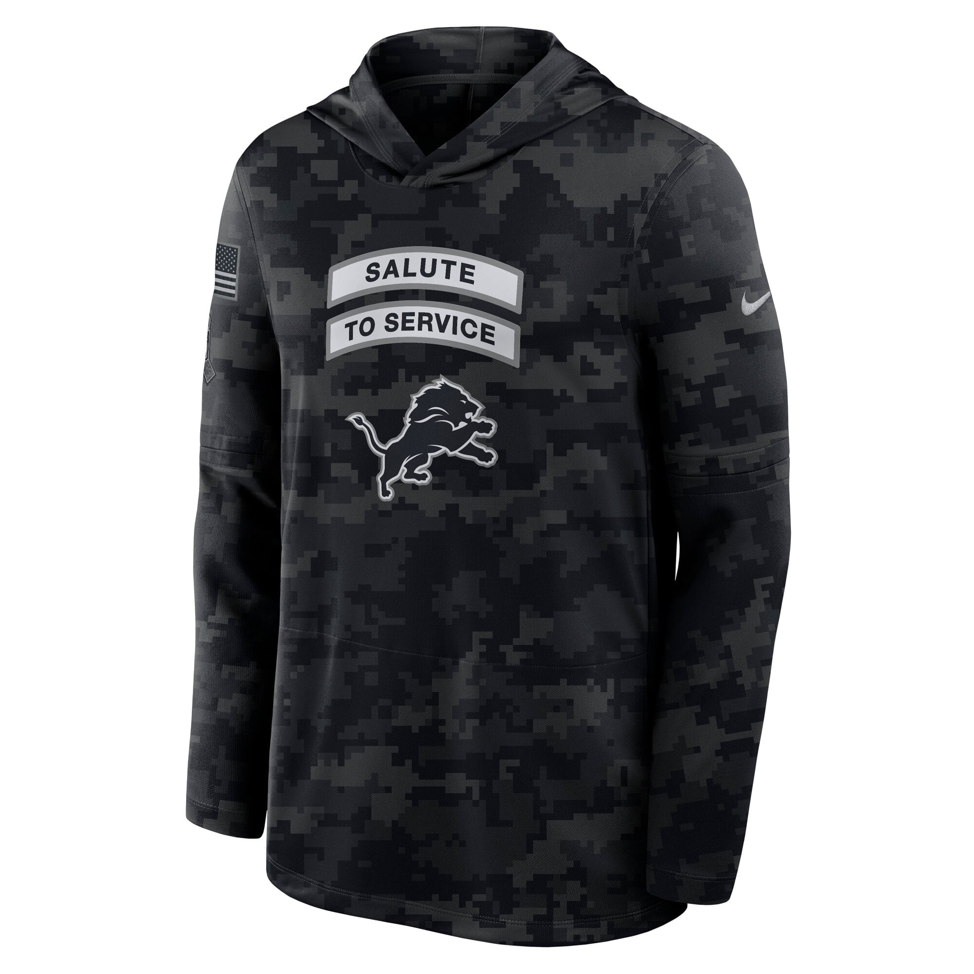 T-shirt à manches longues Nike Detroit Lions 2026 Salute to Service Sideline, noir, pour homme. Léger, capuche et technologie Dri-FIT.