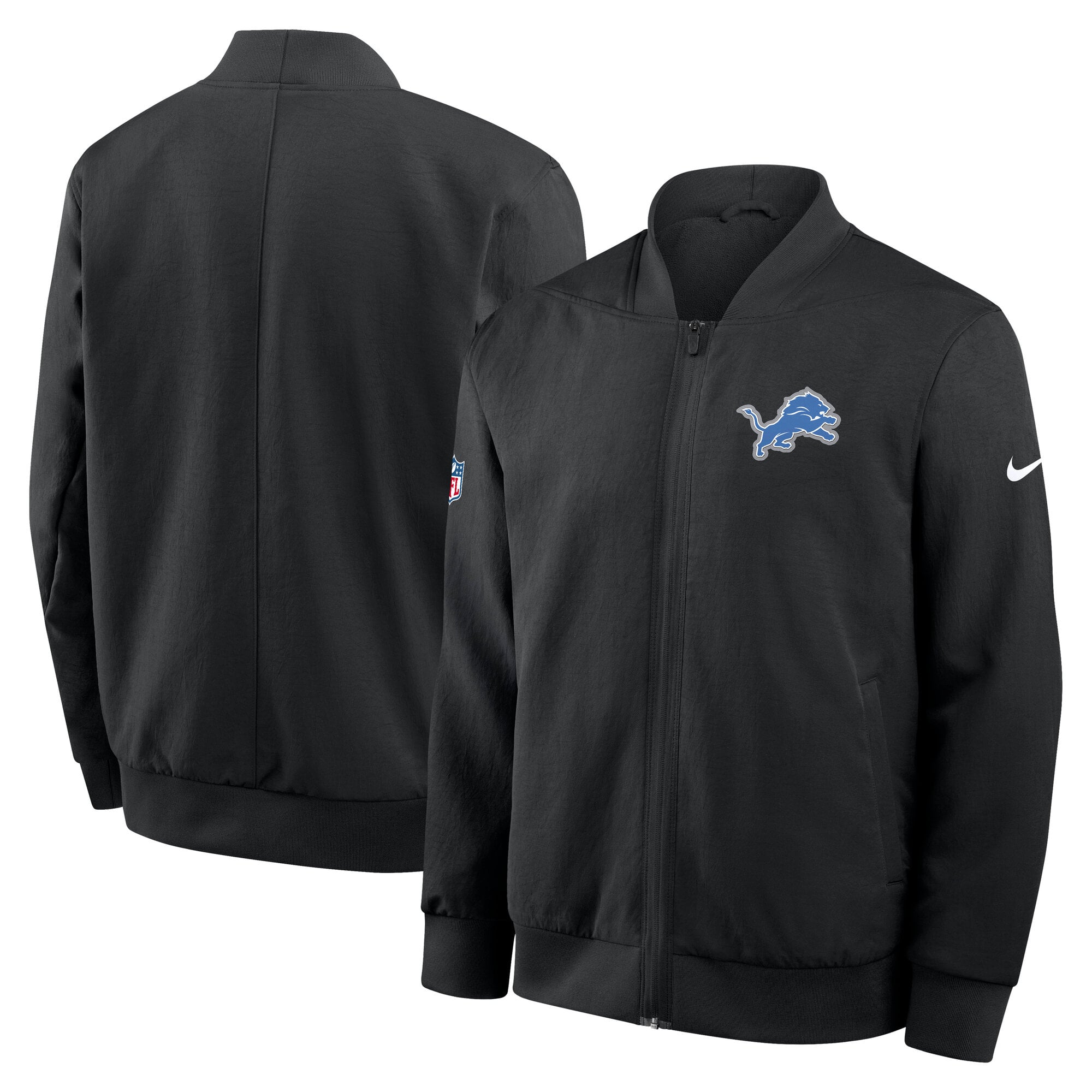Men's Nike Black Detroit Lions Sideline Powerful Blocking Full-Zip Dri-FIT Bomber Jacket