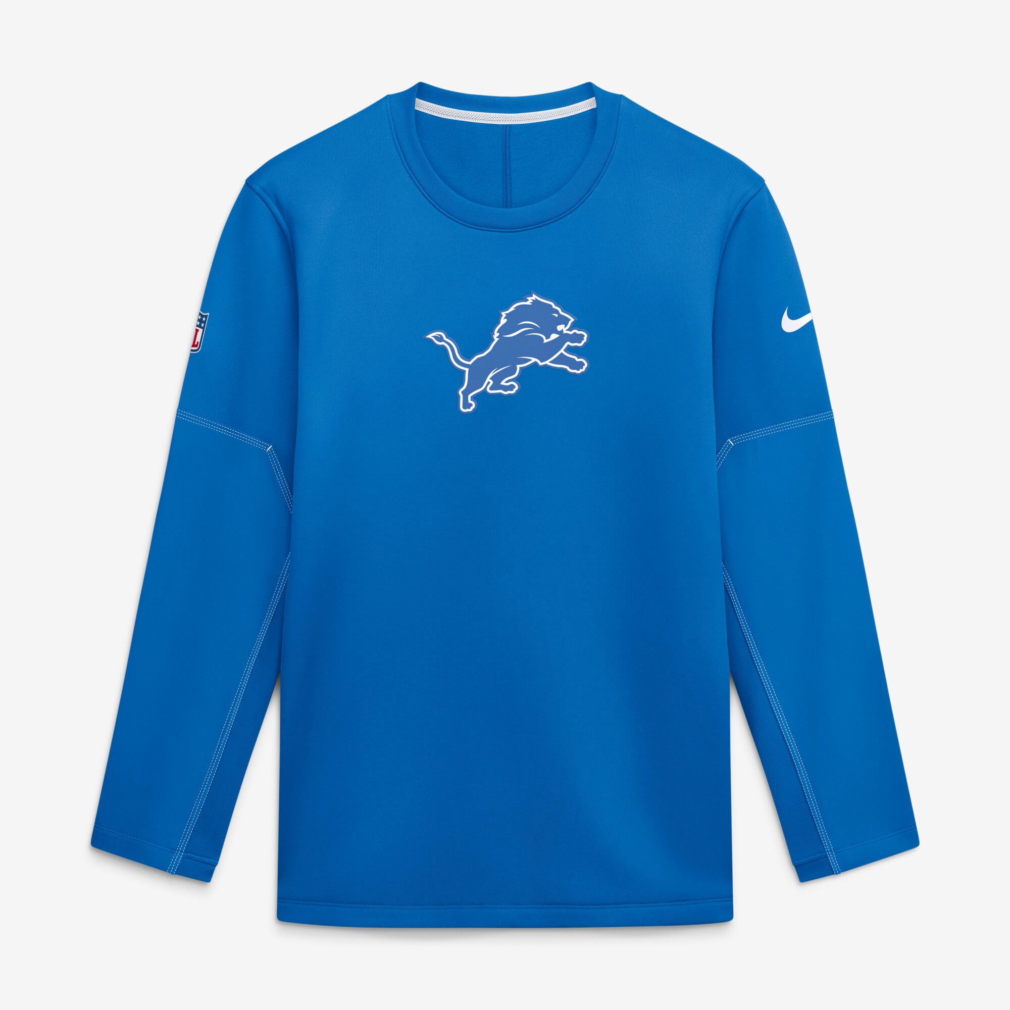 Haut Nike pour homme, bleu Detroit Lions Sideline Coach, col rond, matière Therma-FIT mi-lourde