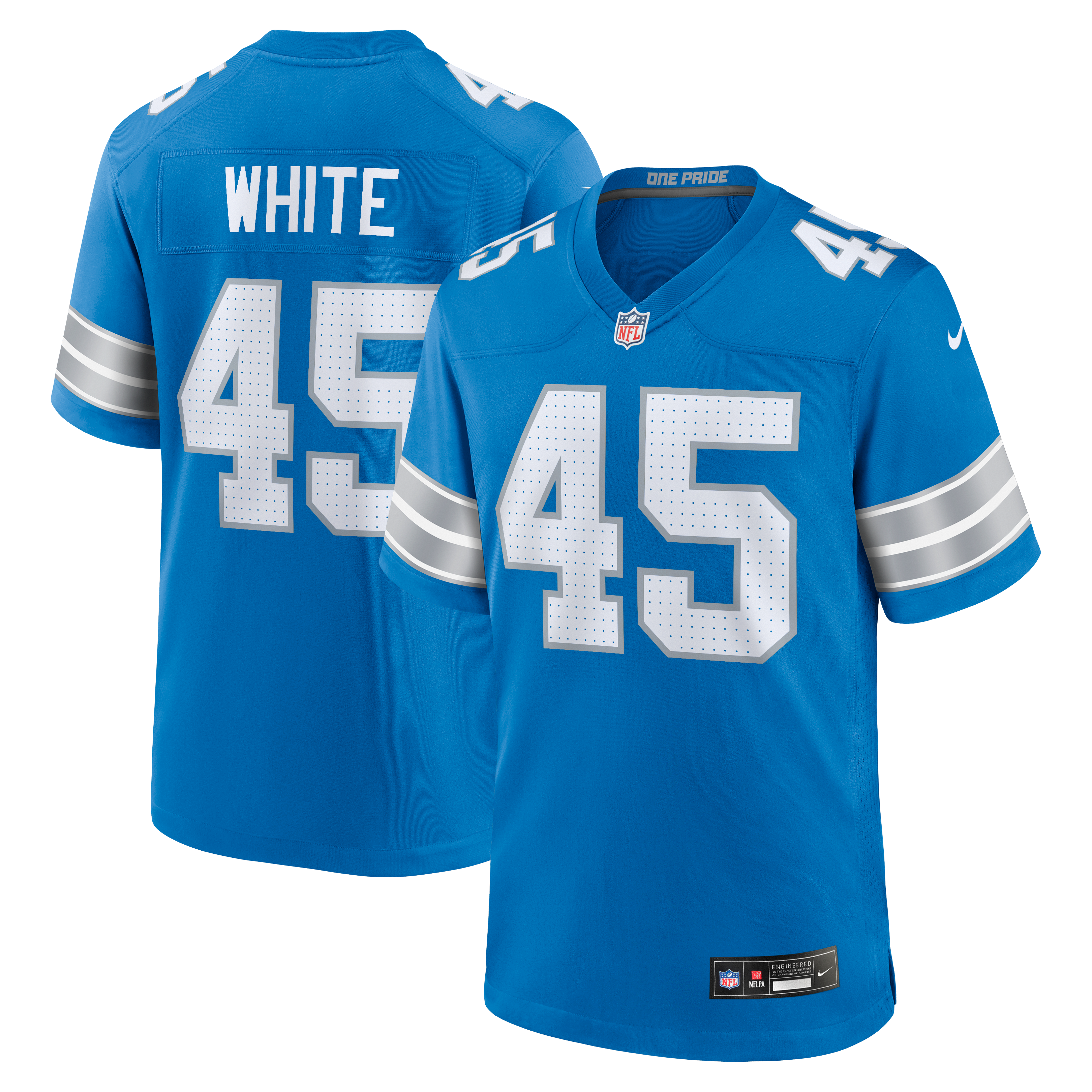 Maillot de match Nike Devin blanc et bleu des Lions Détroit pour homme