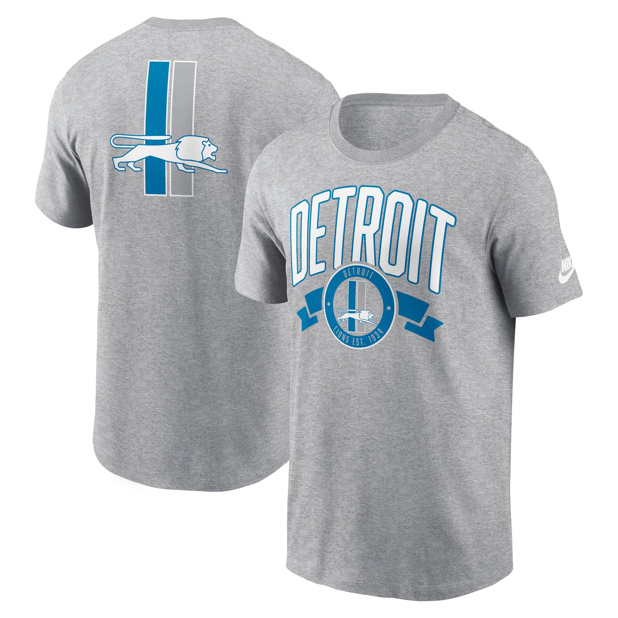 T-shirt Nike pour homme, gris chiné, Detroit Lions, imprimé Rewind à l'avant et l'arrière.