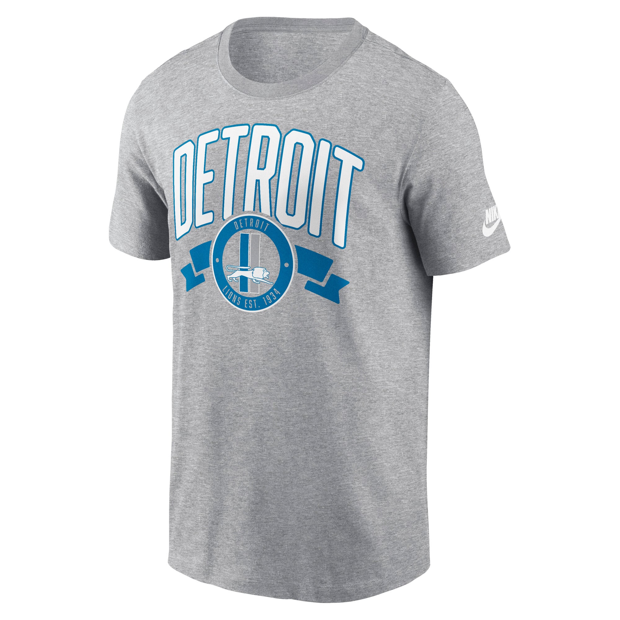 T-shirt Nike pour homme, gris chiné, Detroit Lions, imprimé Rewind à l'avant et l'arrière.