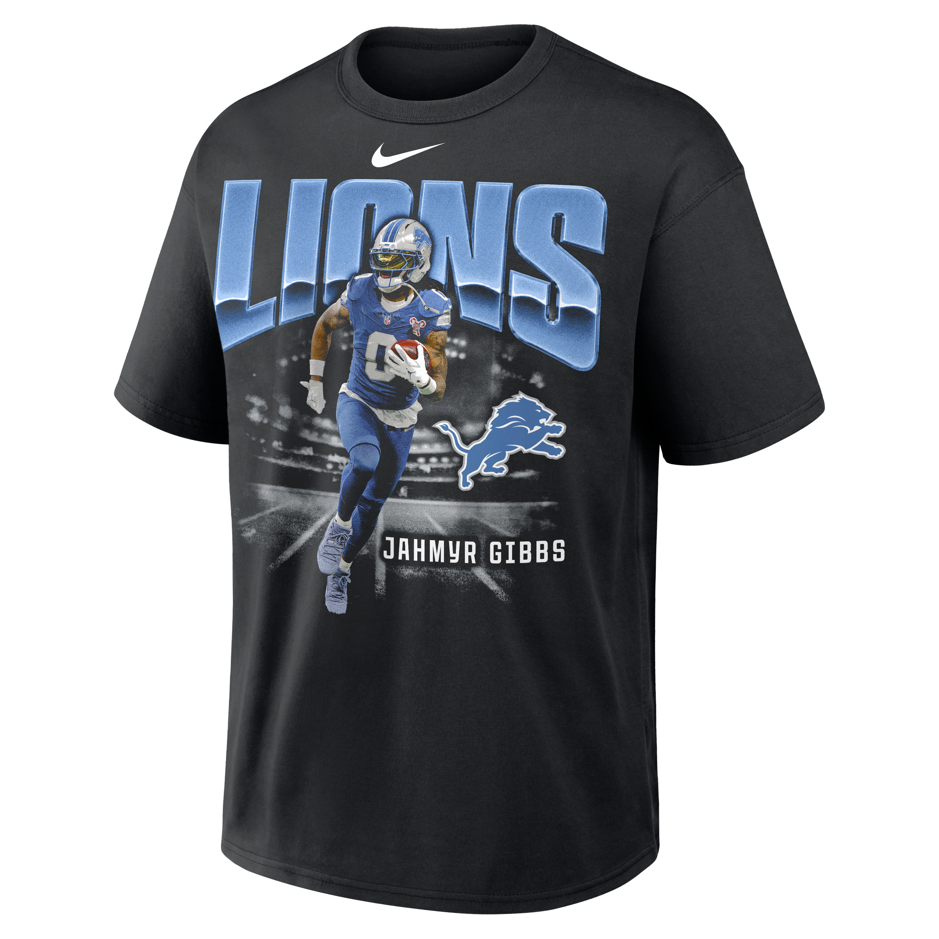 T-shirt Nike Max90 pour homme, noir, avec logo du joueur des Detroit Lions, Jahmyr Gibbs