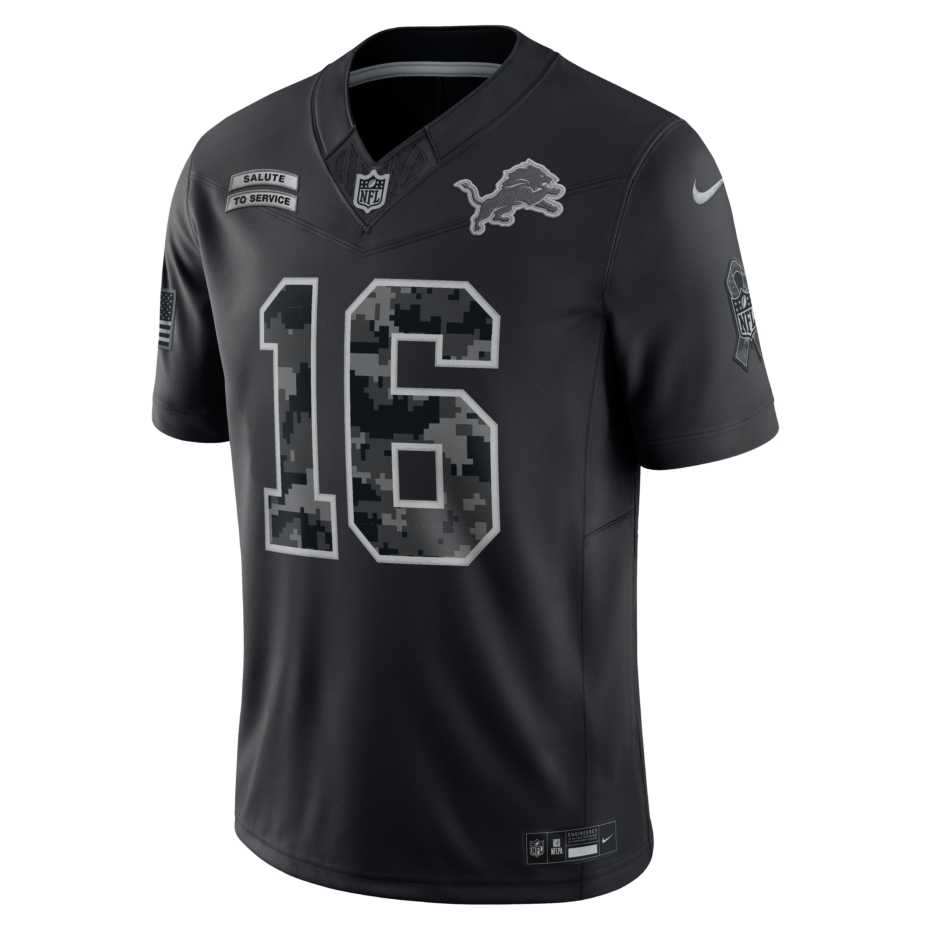 Maillot Nike Jared Goff noir Detroit Lions 2026 Salute to Service, édition limitée cousue